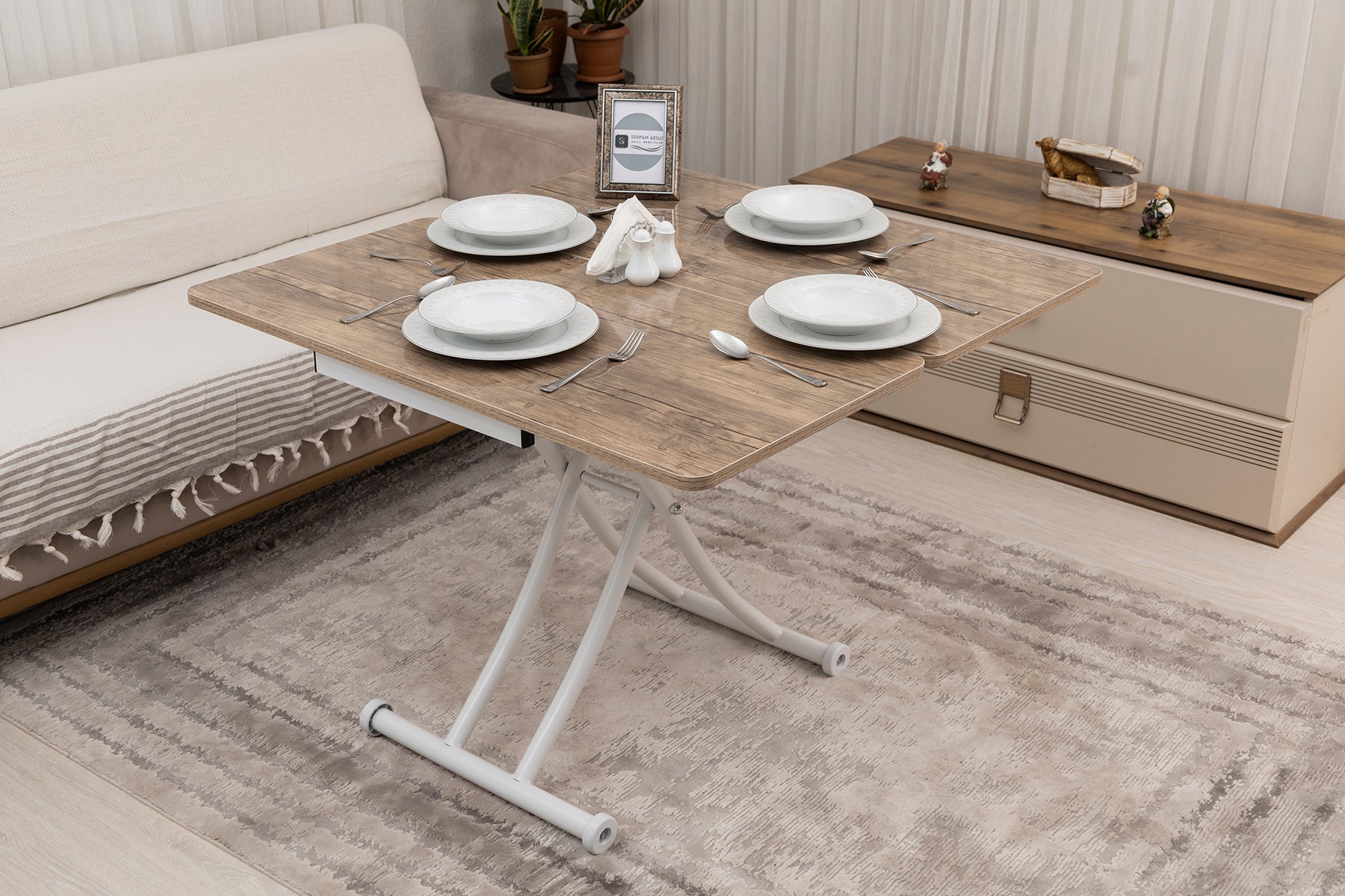 Mini Juppo Smart Coffee Table – Antique Light MDF Top & White Metal Legs