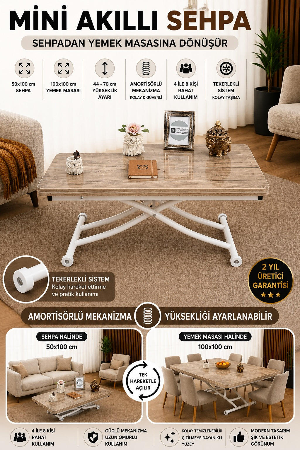 Mini Juppo Smart Coffee Table – Antique Light MDF Top & White Metal Legs