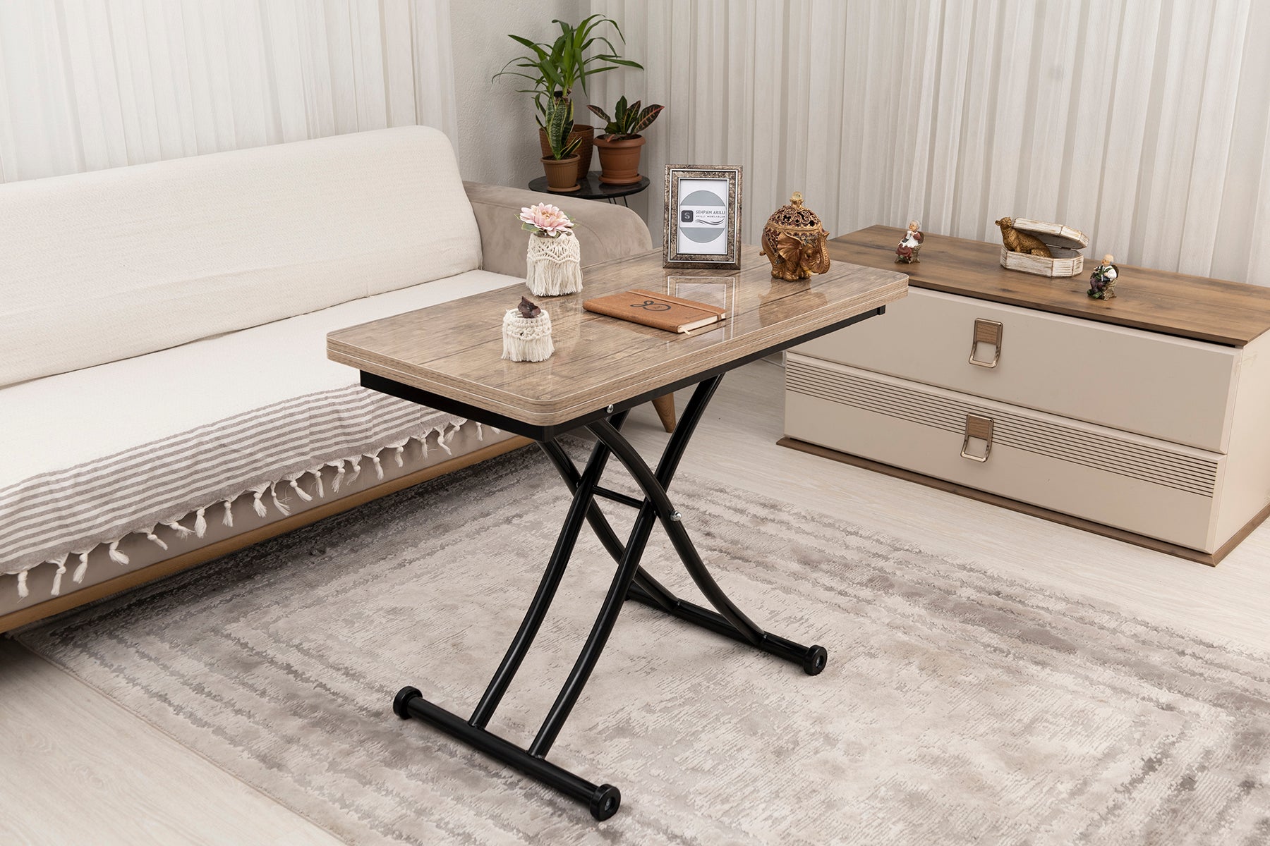 Mini Juppo Smart Coffee Table – Antique Light MDF Top & Black Metal Leg
