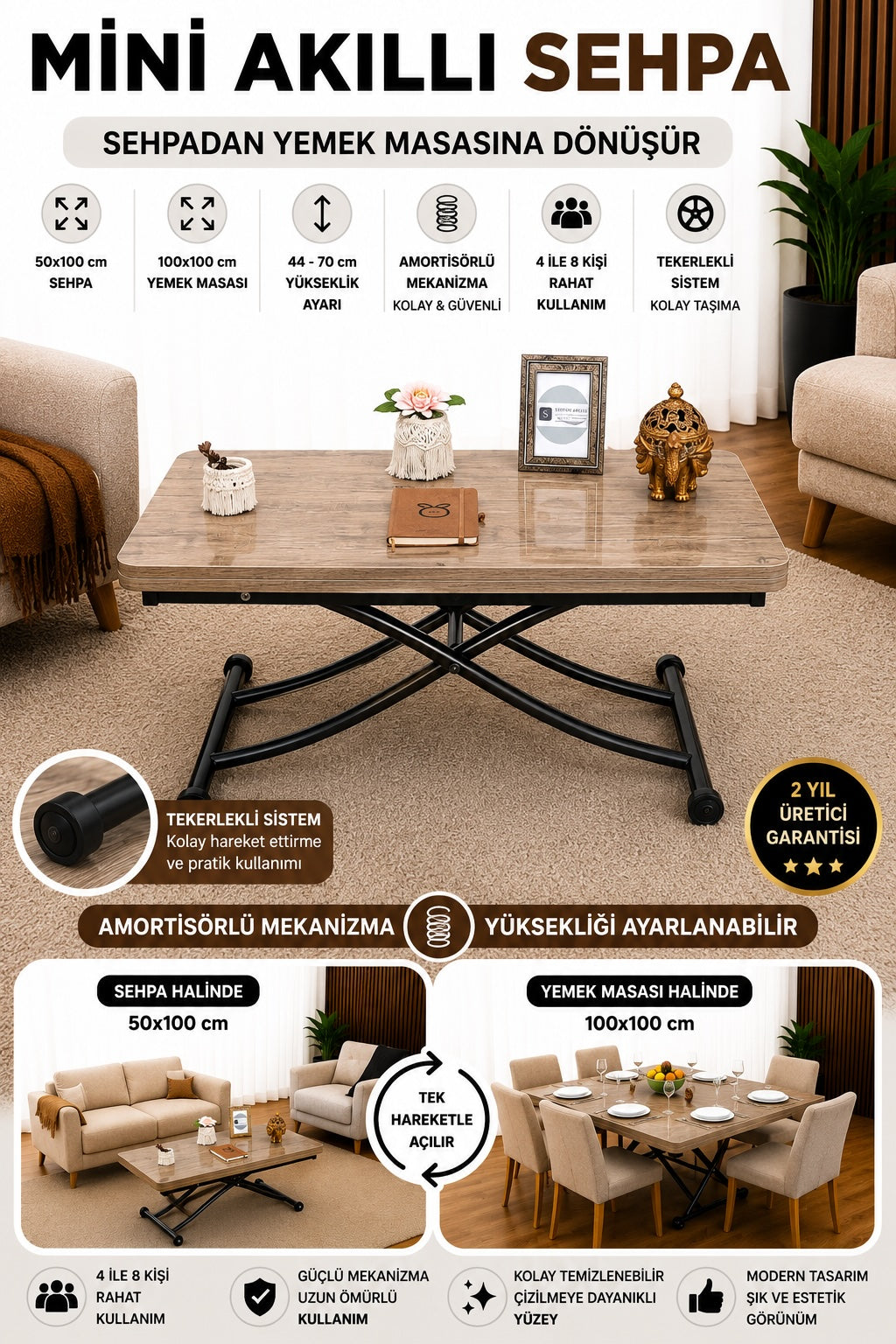 Mini Juppo Smart Coffee Table – Antique Light MDF Top & Black Metal Leg