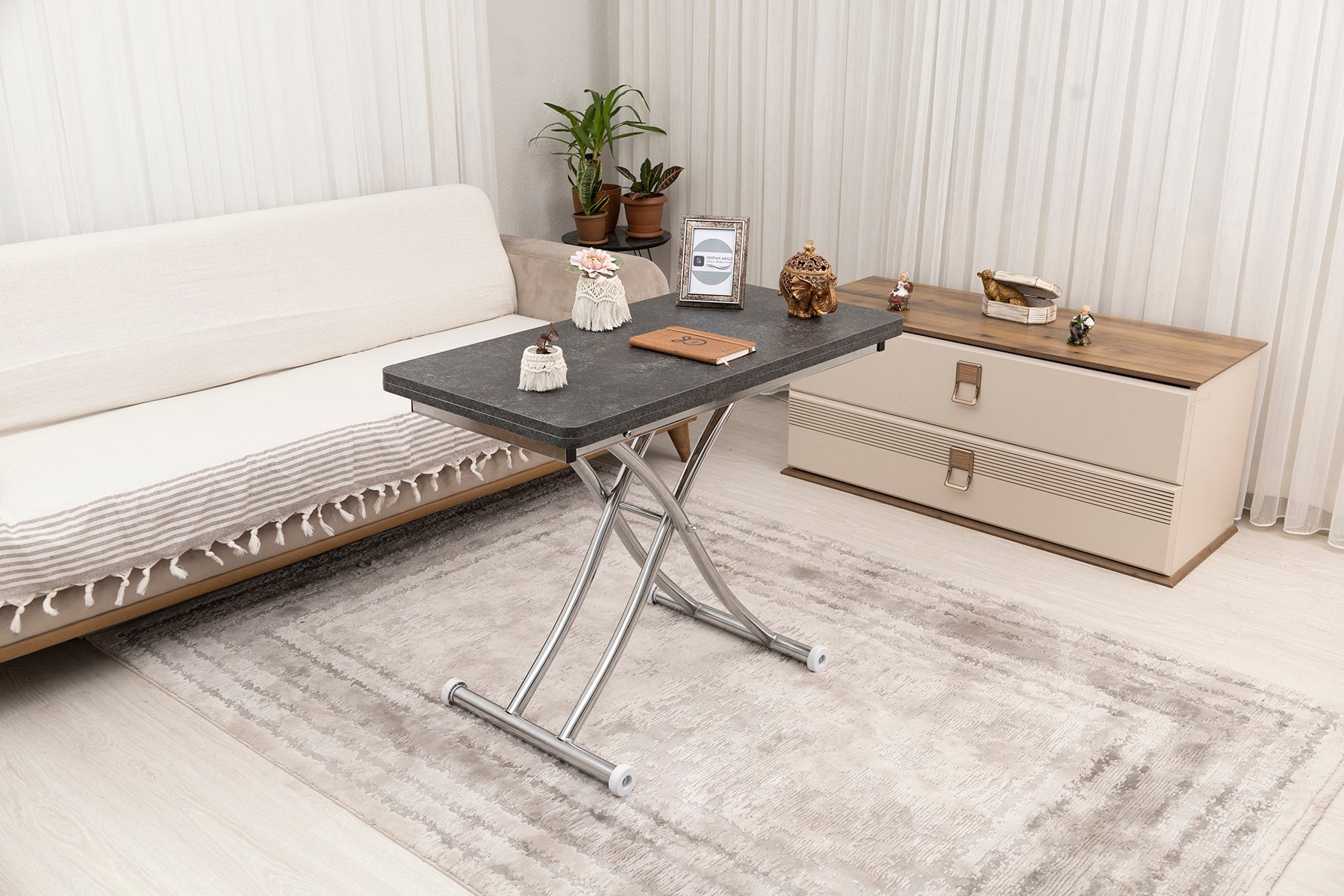 Mini Juppo Smart Coffee Table – Milled Anthracite MDF Top & Chrome Plated Metal Leg