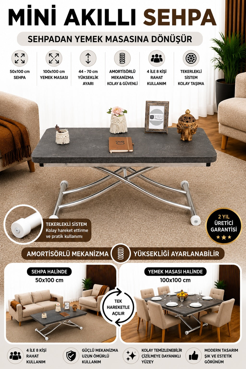 Mini Juppo Smart Coffee Table – Milled Anthracite MDF Top & Chrome Plated Metal Leg