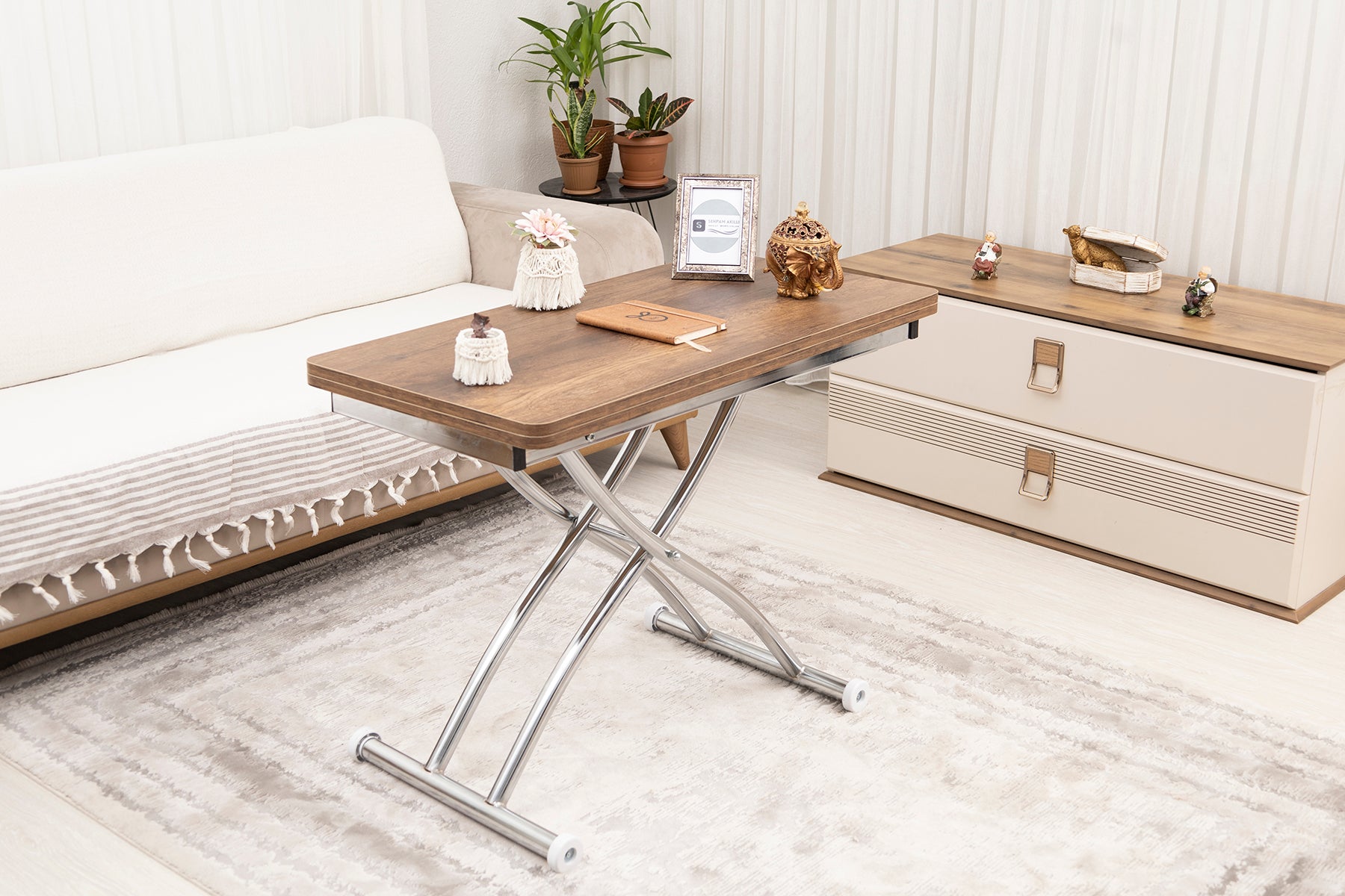 Mini Juppo Smart Coffee Table – Baroque Dark Walnut MDF Top & Chrome-Plated Outwardly Curved Leg
