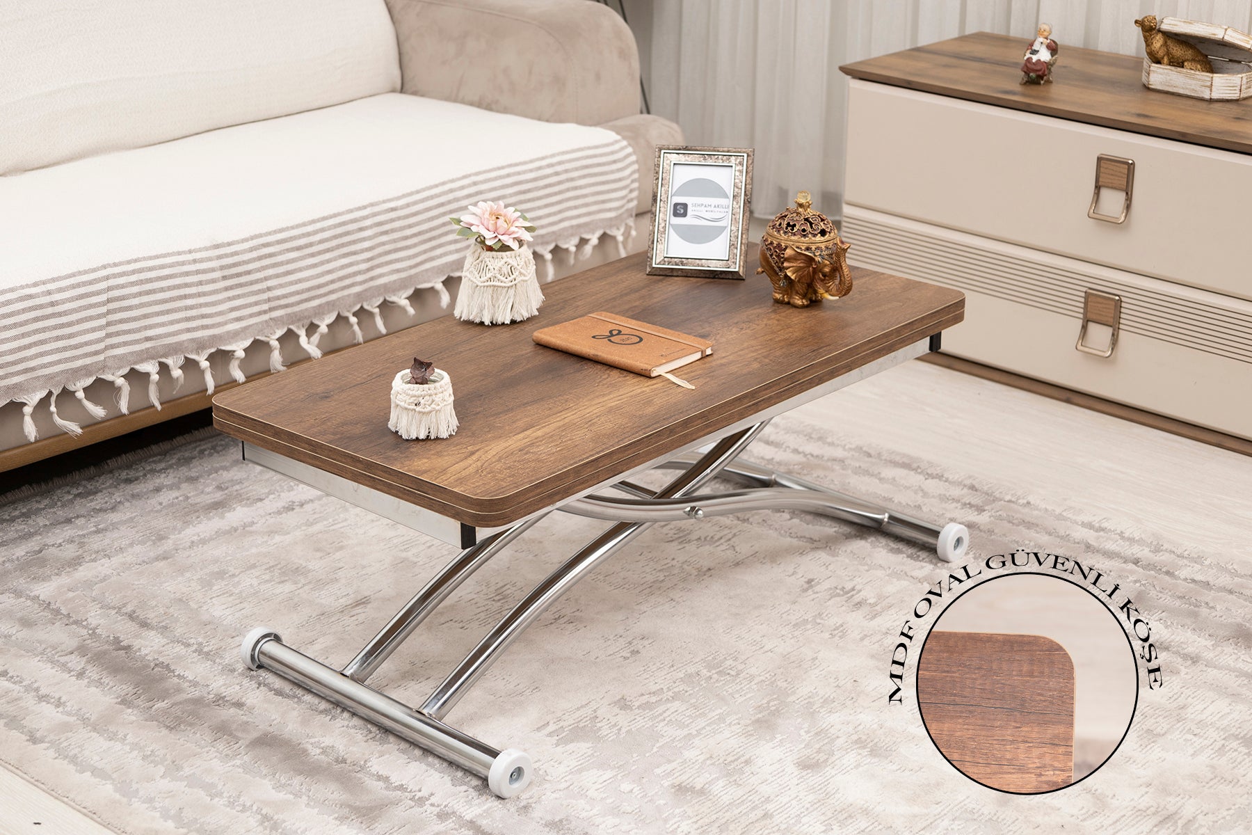 Mini Juppo Smart Coffee Table – Baroque Dark Walnut MDF Top & Chrome-Plated Outwardly Curved Leg