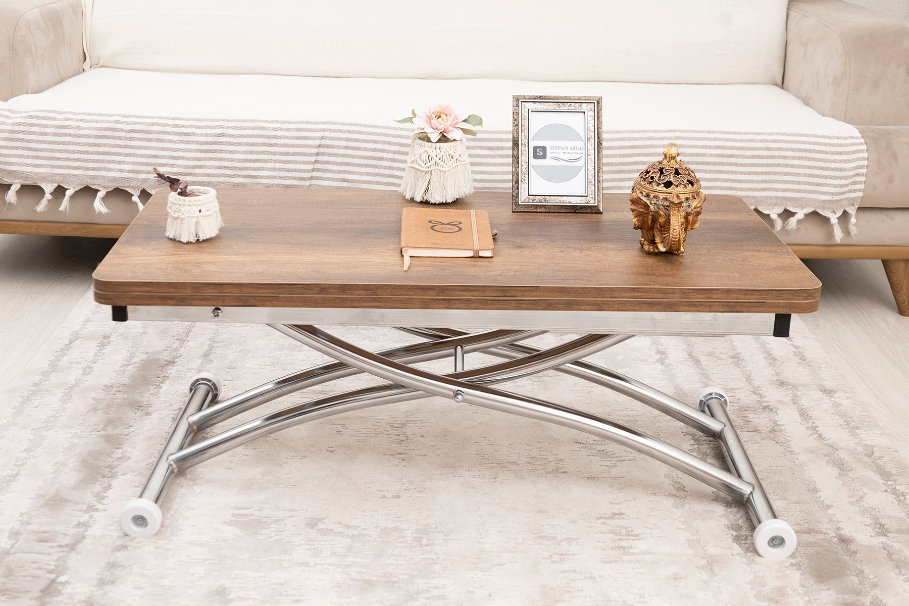 Mini Juppo Smart Coffee Table – Baroque Dark Walnut MDF Top & Chrome-Plated Outwardly Curved Leg