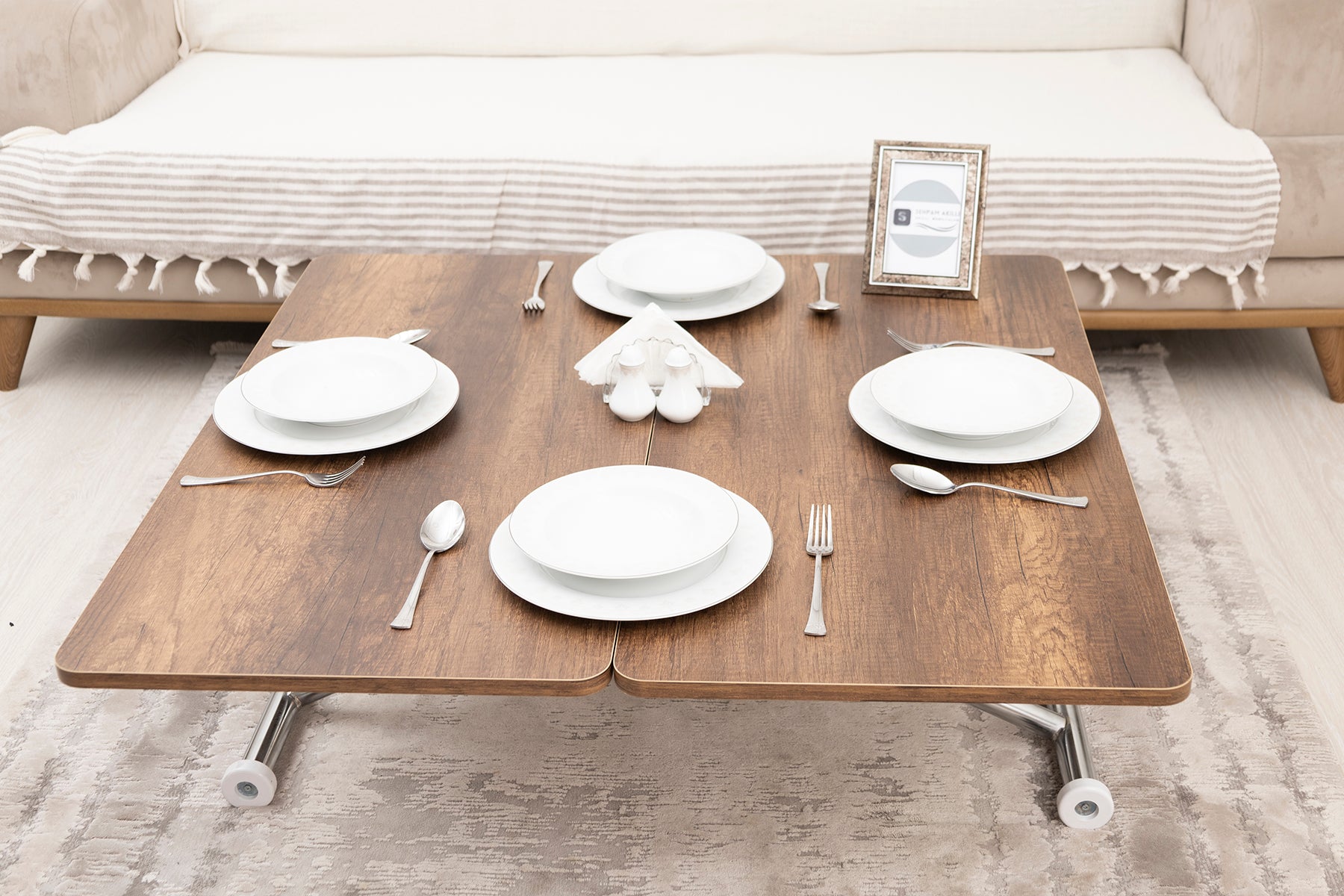 Mini Juppo Smart Coffee Table – Baroque Dark Walnut MDF Top & Chrome-Plated Outwardly Curved Leg