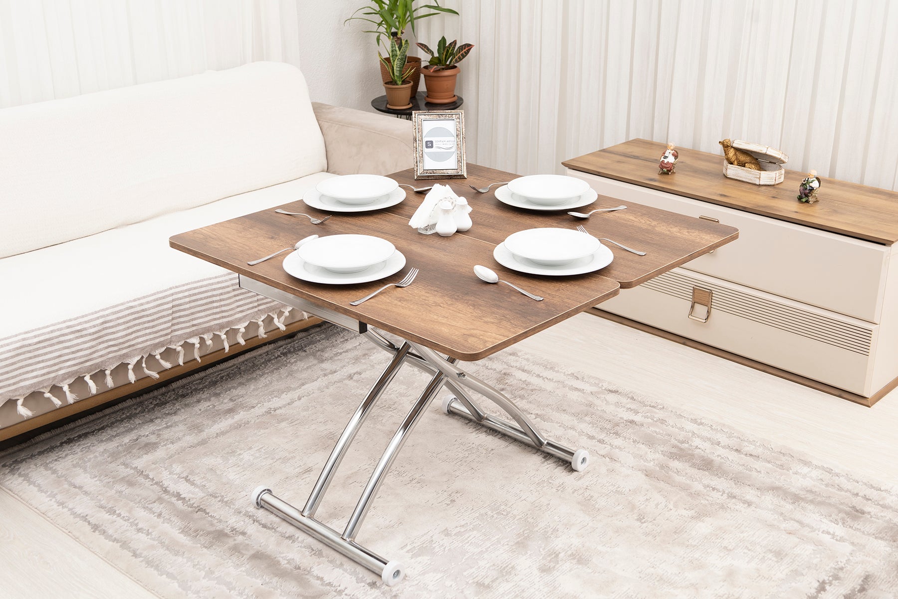 Mini Juppo Smart Coffee Table – Baroque Dark Walnut MDF Top & Chrome-Plated Outwardly Curved Leg