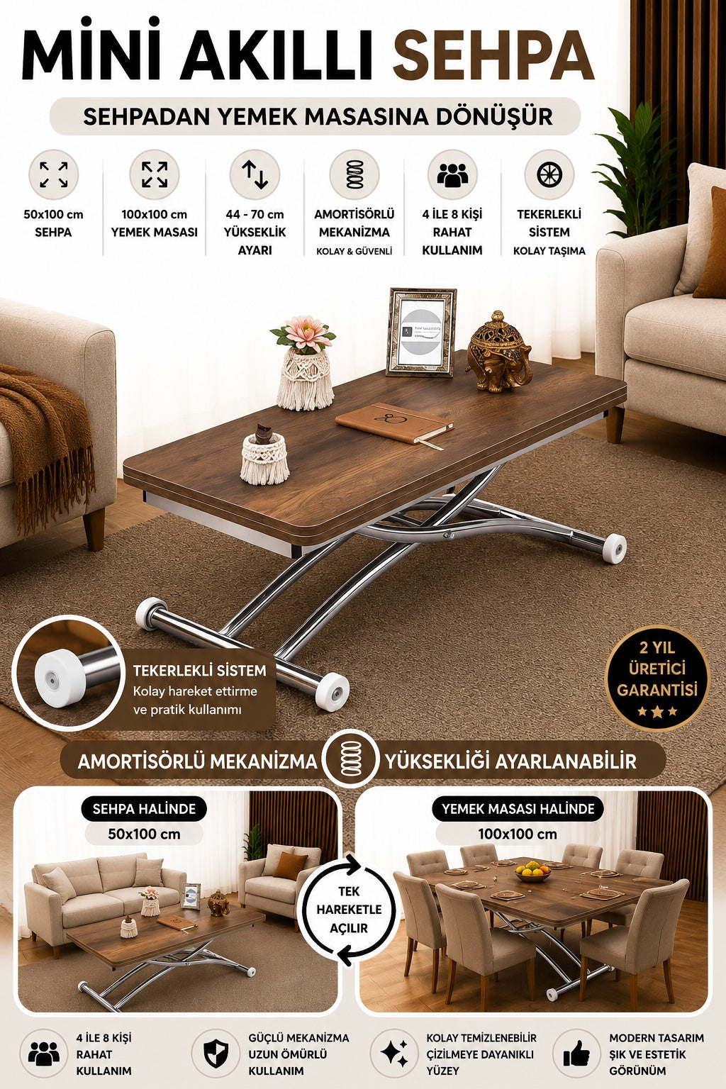 Mini Juppo Smart Coffee Table – Baroque Dark Walnut MDF Top & Chrome-Plated Outwardly Curved Leg