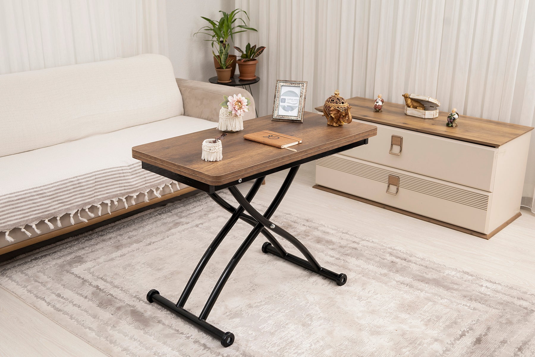 Mini Juppo Smart Coffee Table – Baroque Dark Walnut MDF Top & Black Outward Curved Metal Leg