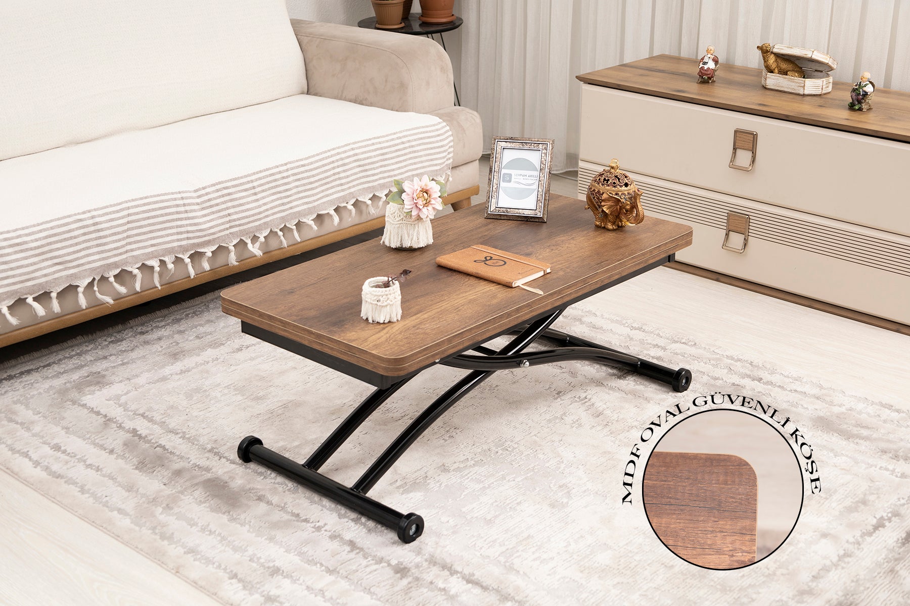 Mini Juppo Smart Coffee Table – Baroque Dark Walnut MDF Top & Black Outward Curved Metal Leg