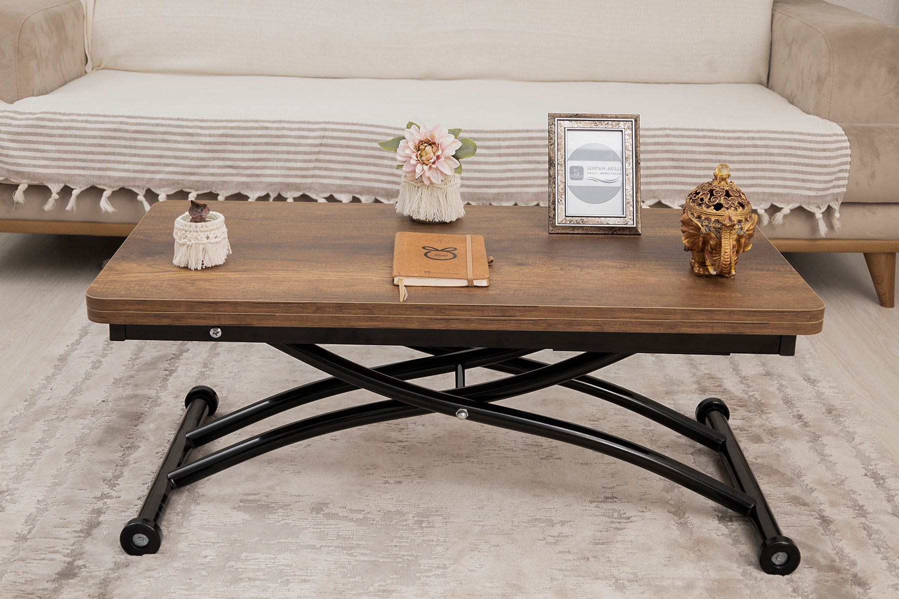 Mini Juppo Smart Coffee Table – Baroque Dark Walnut MDF Top & Black Outward Curved Metal Leg
