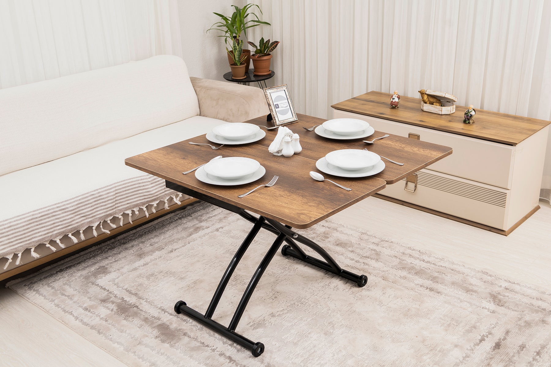 Mini Juppo Smart Coffee Table – Baroque Dark Walnut MDF Top & Black Outward Curved Metal Leg