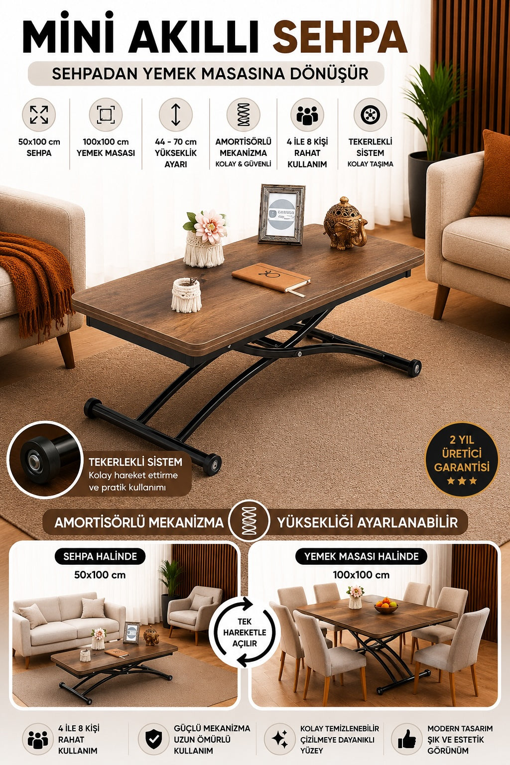 Mini Juppo Smart Coffee Table – Baroque Dark Walnut MDF Top & Black Outward Curved Metal Leg