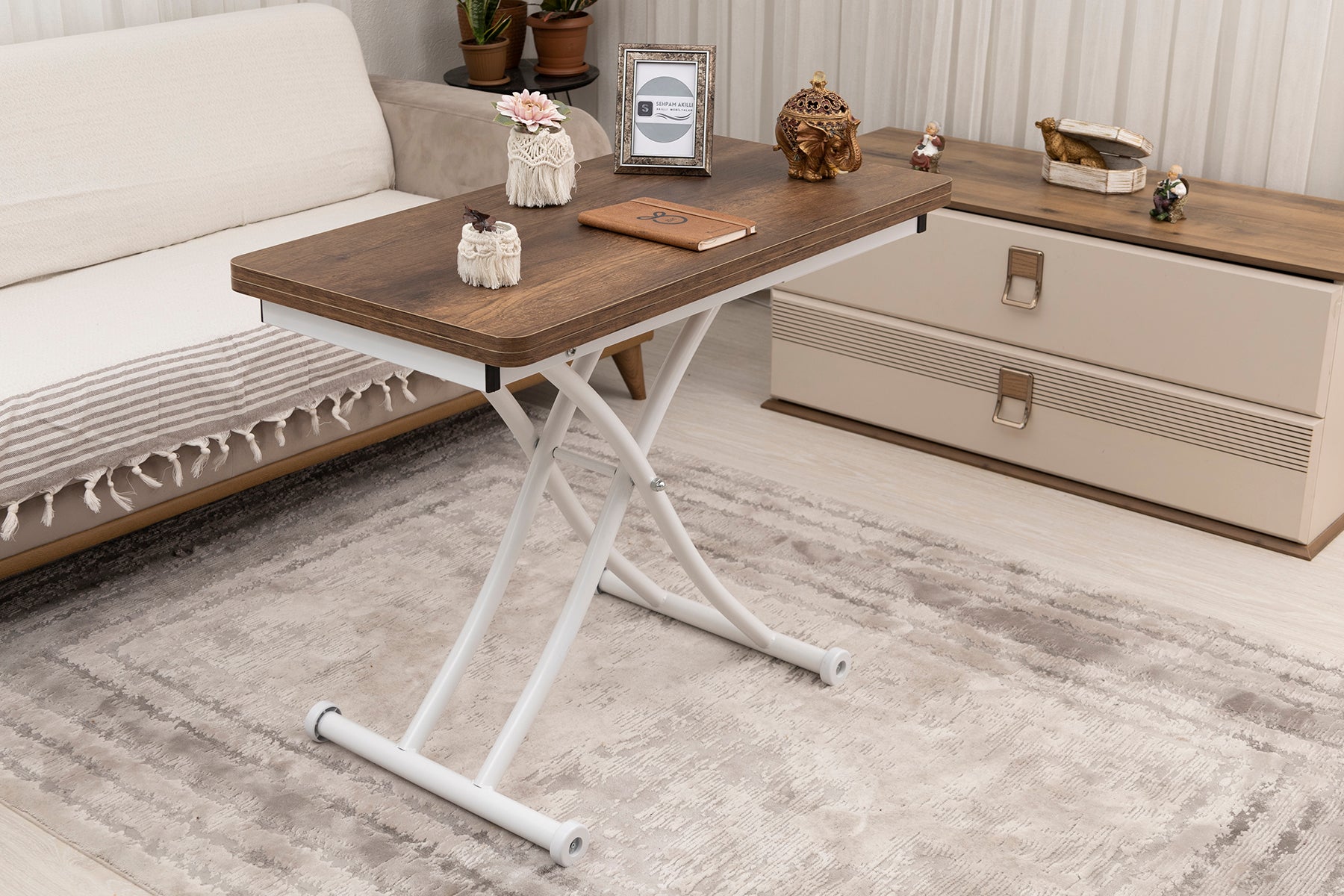 Mini Juppo Smart Coffee Table - Baroque Dark Walnut MDF Top & White Metal Leg
