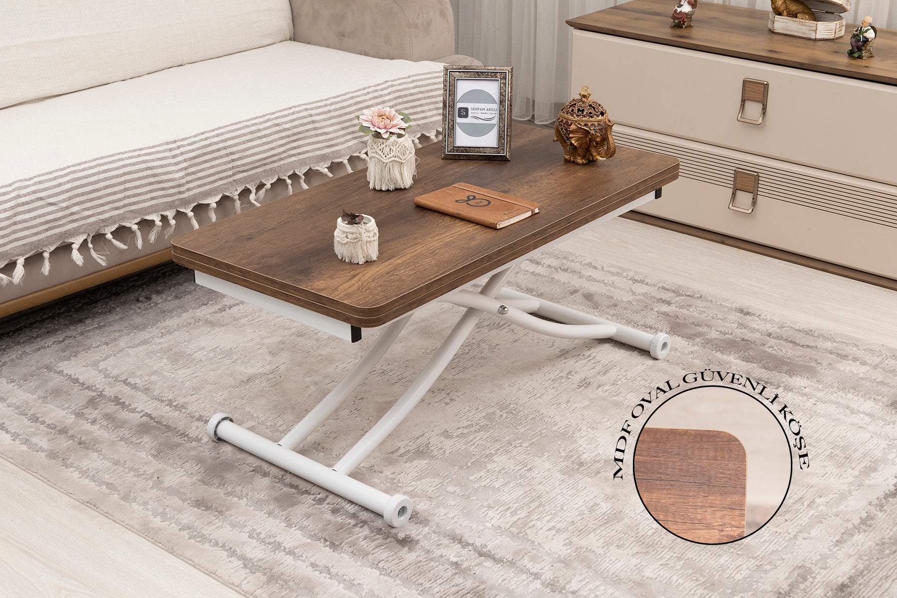 Mini Juppo Smart Coffee Table - Baroque Dark Walnut MDF Top & White Metal Leg