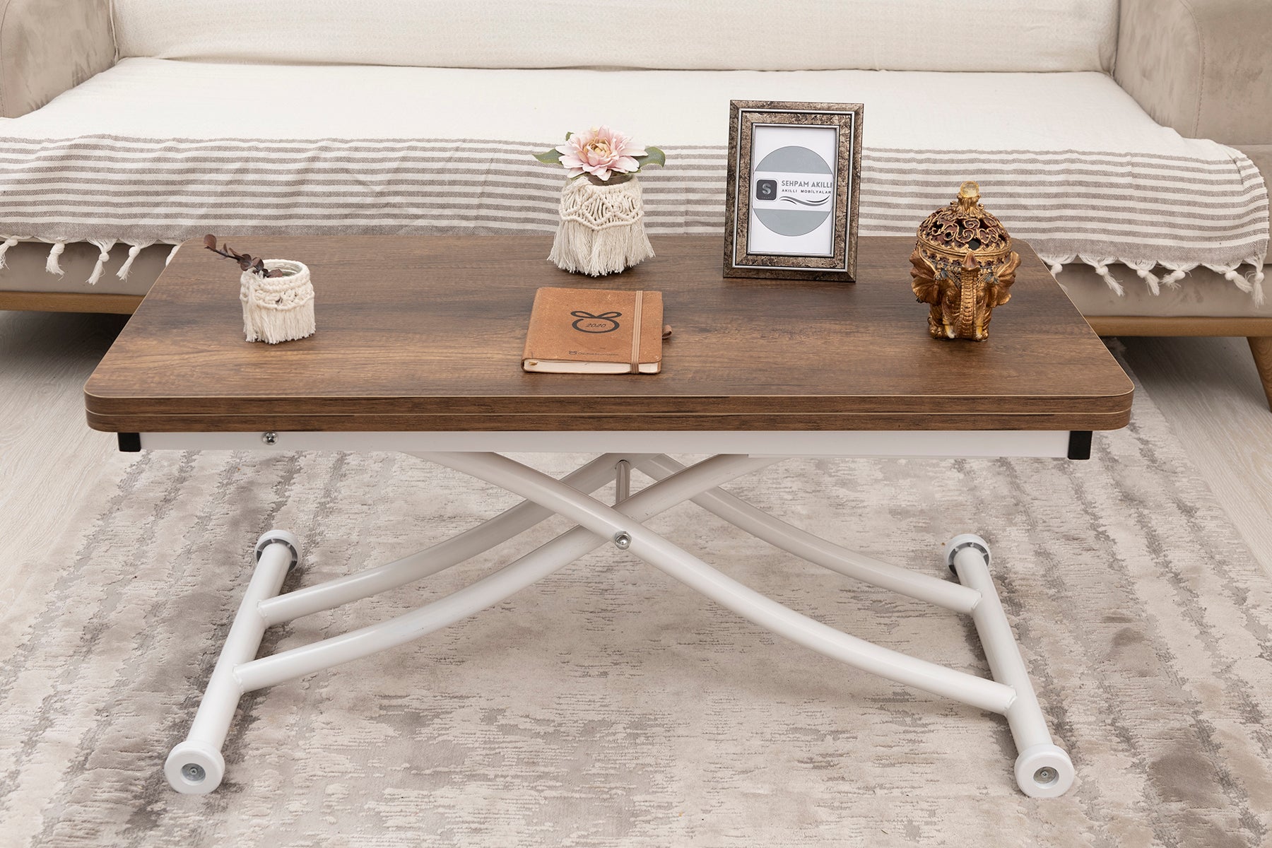 Mini Juppo Smart Coffee Table - Baroque Dark Walnut MDF Top & White Metal Leg