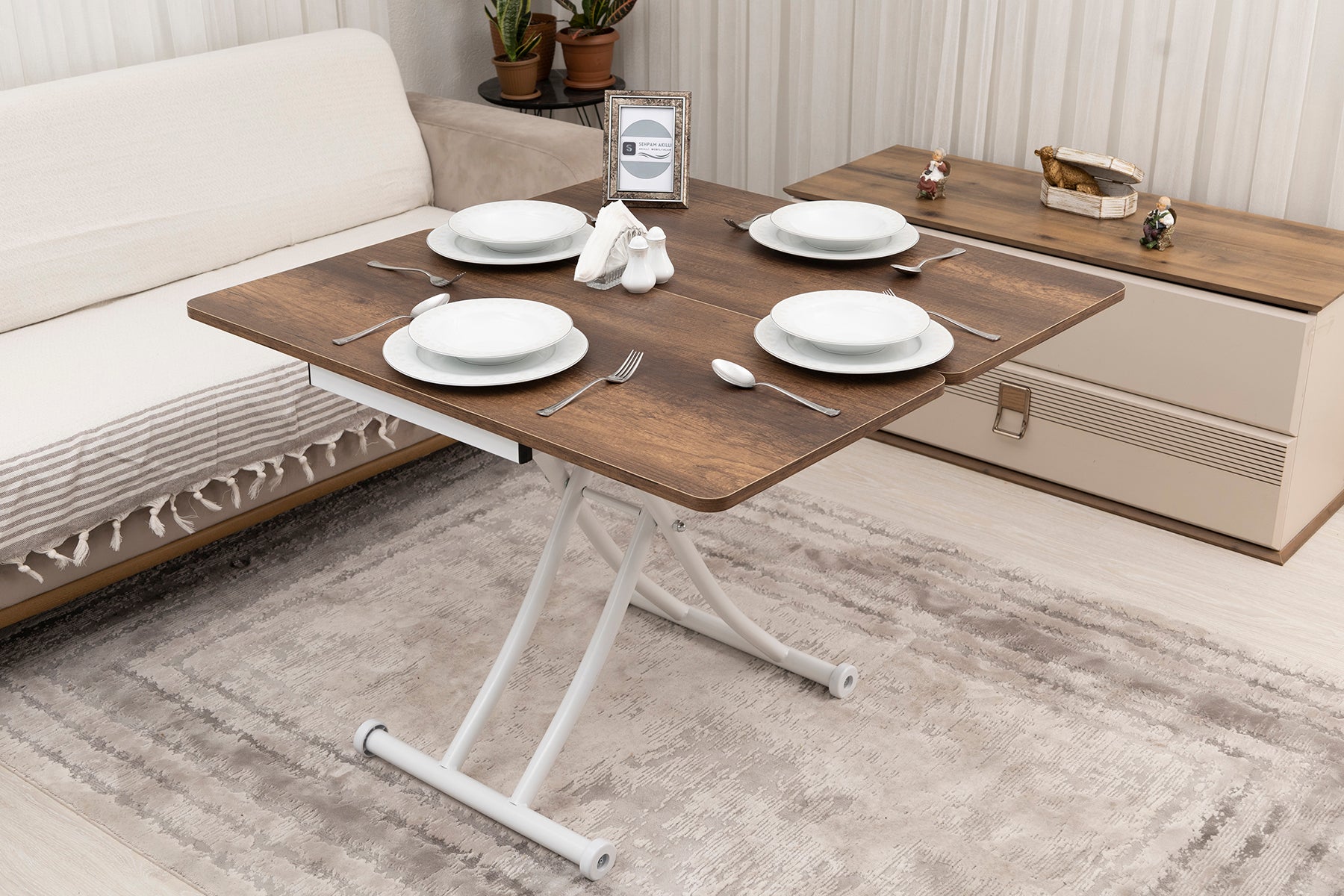 Mini Juppo Smart Coffee Table - Baroque Dark Walnut MDF Top & White Metal Leg