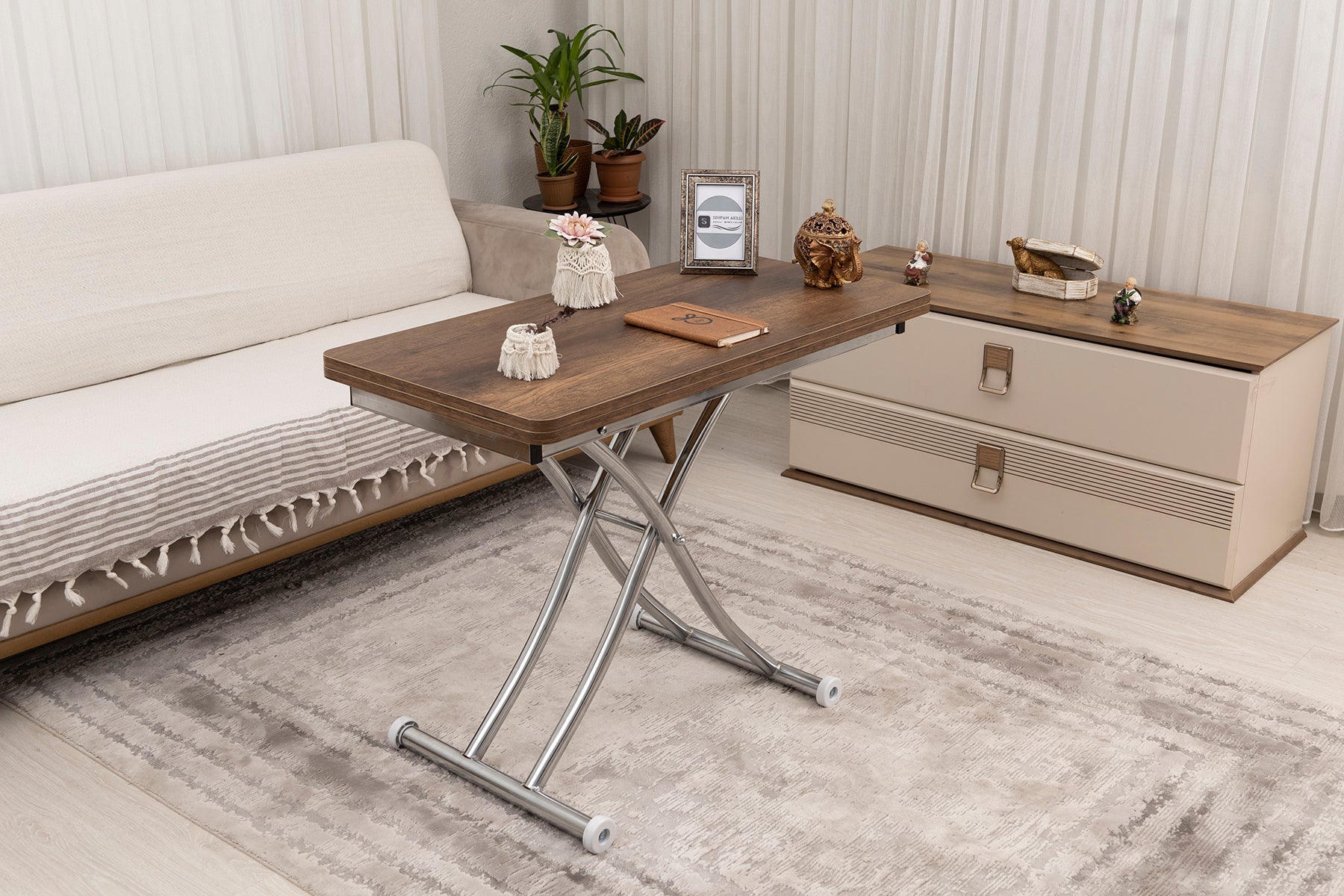 Mini Juppo Smart Coffee Table – Baroque Dark Walnut MDF Top & Chrome Plated Metal Leg