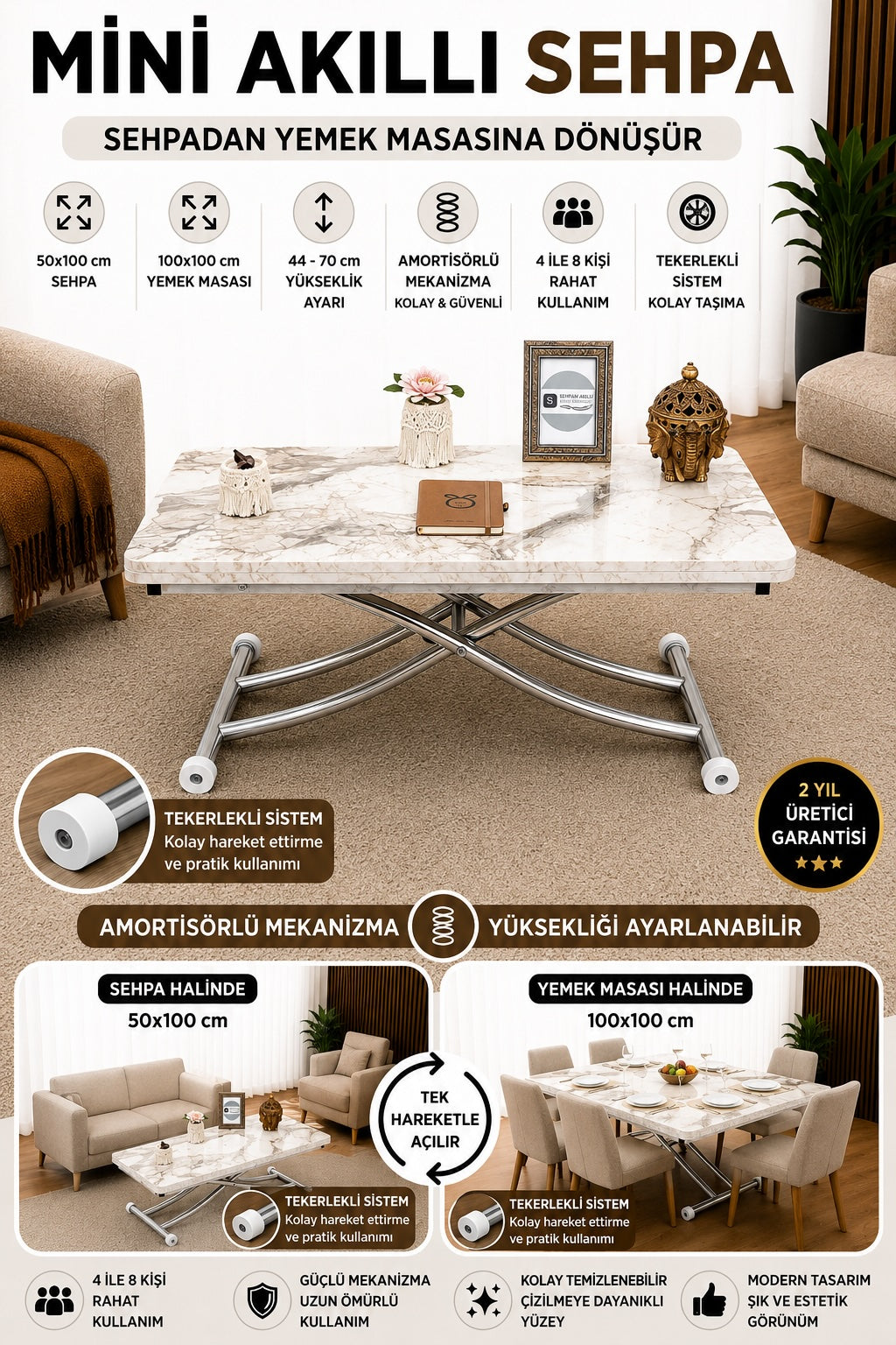 Mini Juppo Smart Coffee Table – Baroque Dark Walnut MDF Top & Chrome Plated Metal Leg