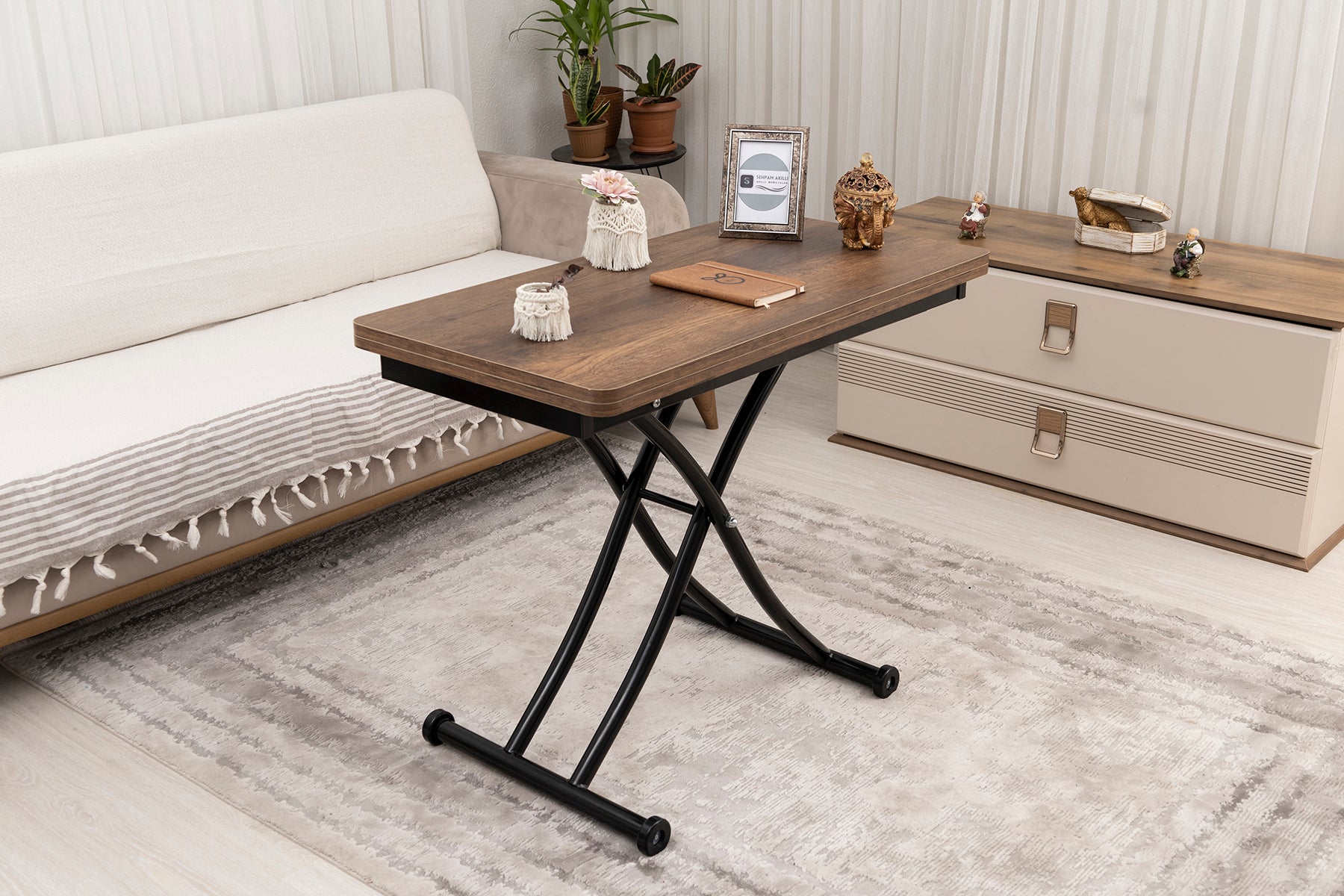Mini Juppo Smart Coffee Table – Baroque Dark Walnut MDF Top & Black Metal Leg
