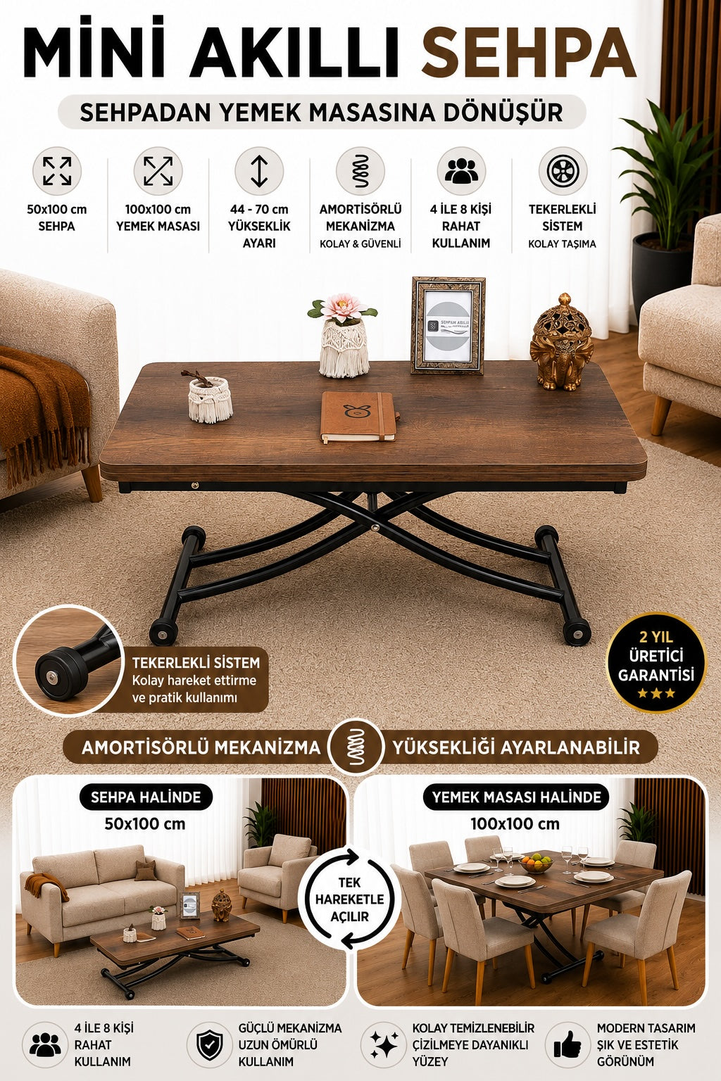 Mini Juppo Smart Coffee Table – Baroque Dark Walnut MDF Top & Black Metal Leg