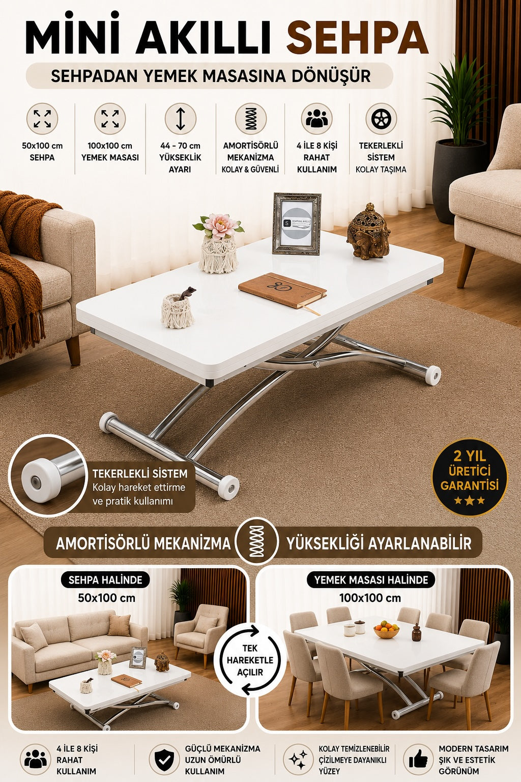 Mini Juppo Smart Coffee Table – White MDF Top & Chrome Flared Metal Leg