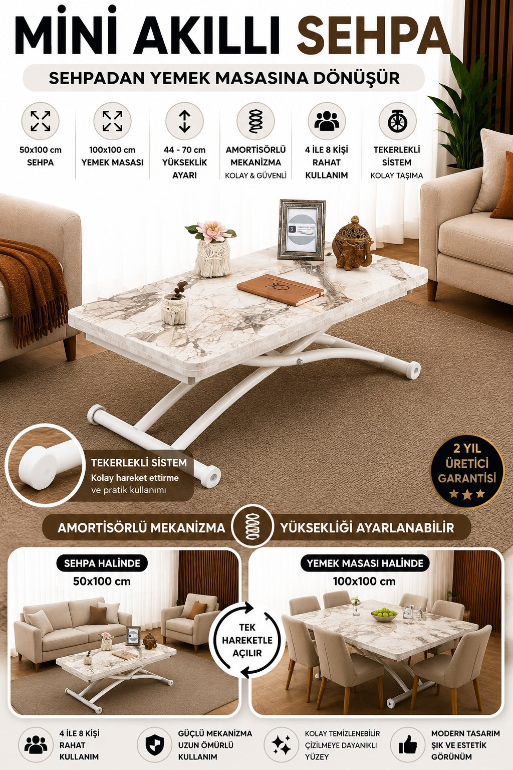 Mini Juppo Akıllı Sehpa – Beyaz Mermer MDF Üst & Beyaz Dışa Kıvrımlı Metal Ayak