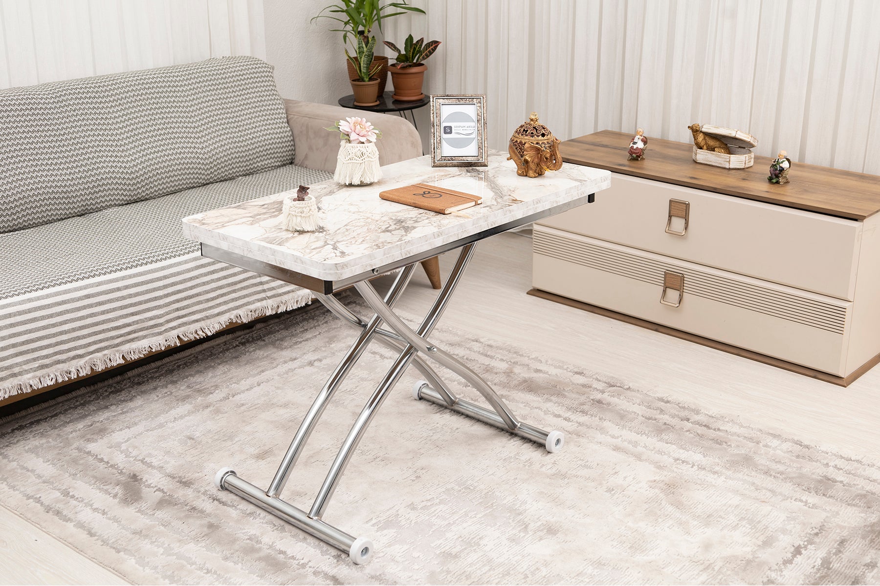 Mini Juppo Smart Coffee Table – White Marble MDF Top & Chrome-Plated Outwardly Curved Leg