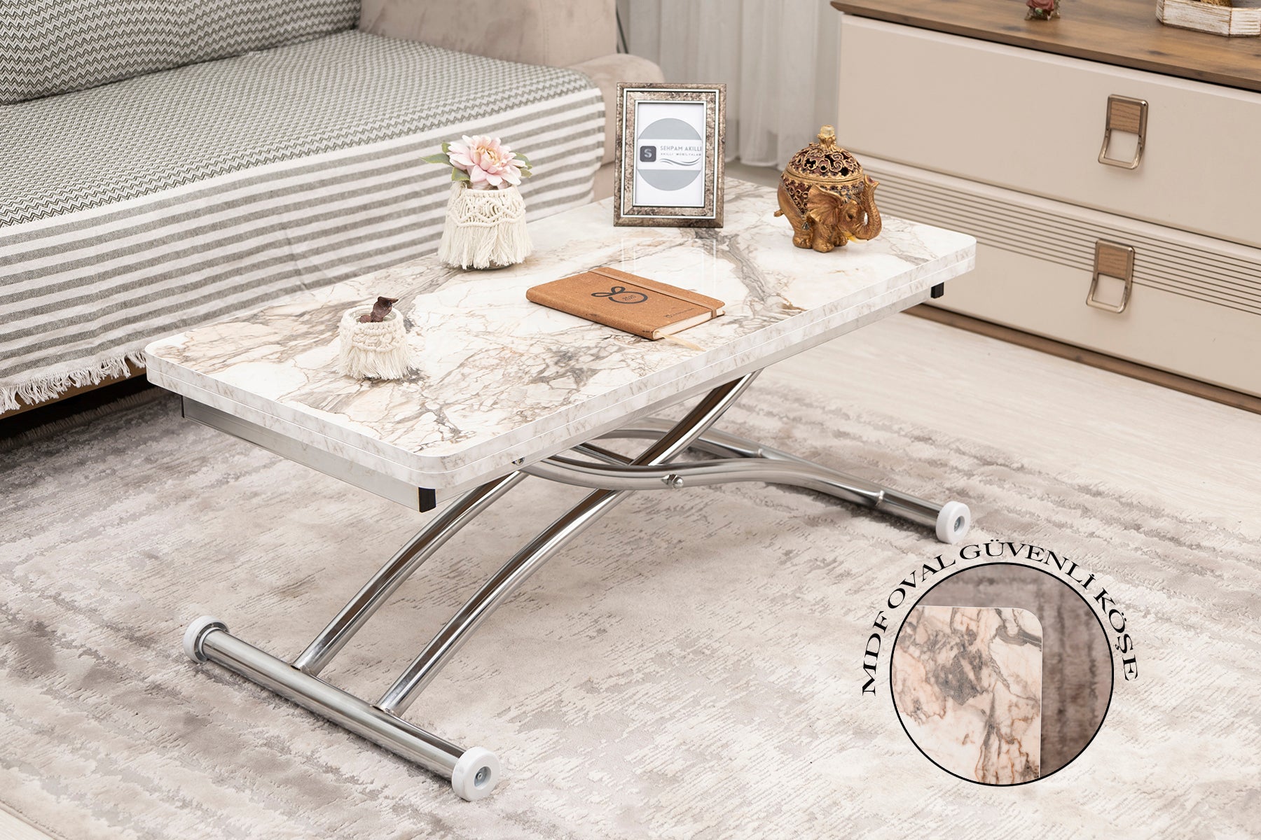 Mini Juppo Smart Coffee Table – White Marble MDF Top & Chrome-Plated Outwardly Curved Leg