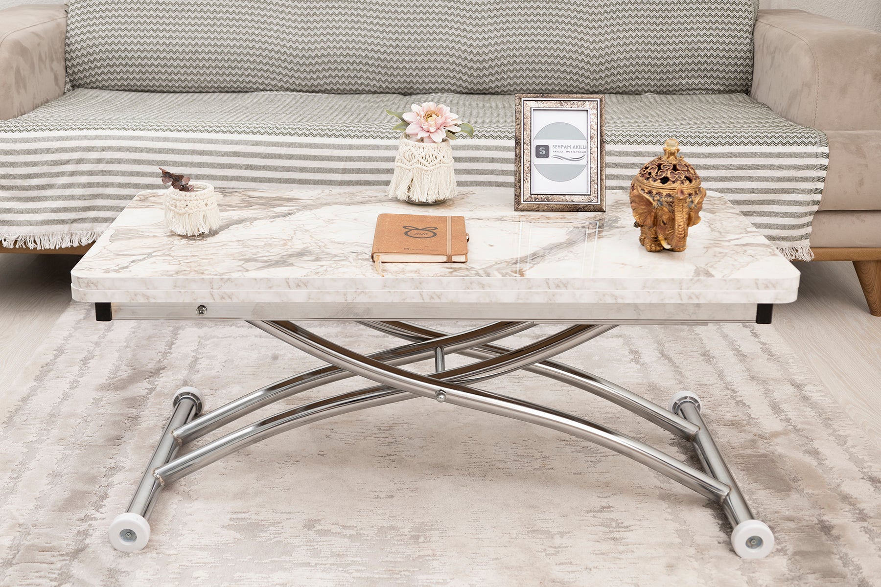 Mini Juppo Smart Coffee Table – White Marble MDF Top & Chrome-Plated Outwardly Curved Leg