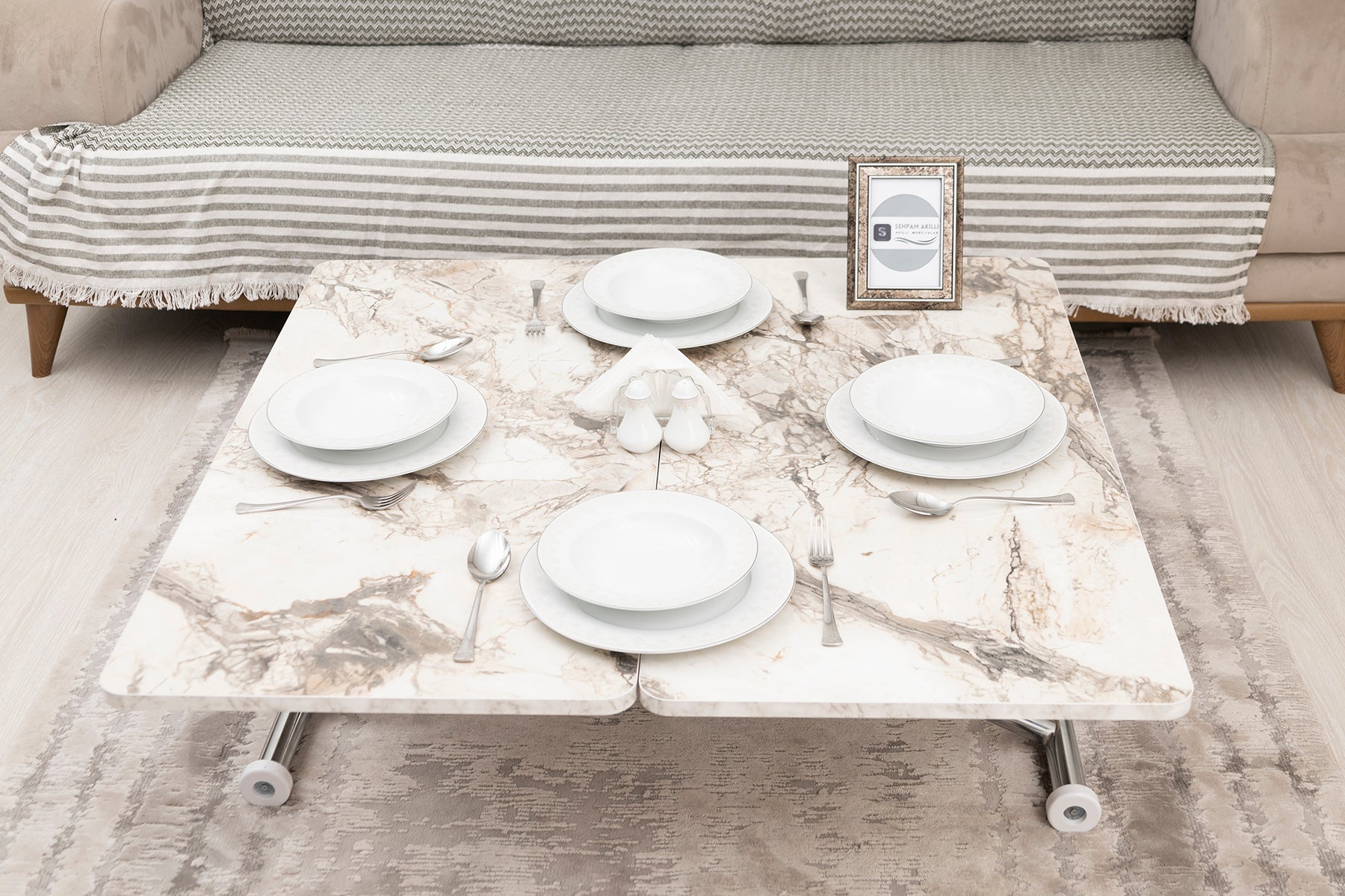 Mini Juppo Smart Coffee Table – White Marble MDF Top & Chrome-Plated Outwardly Curved Leg
