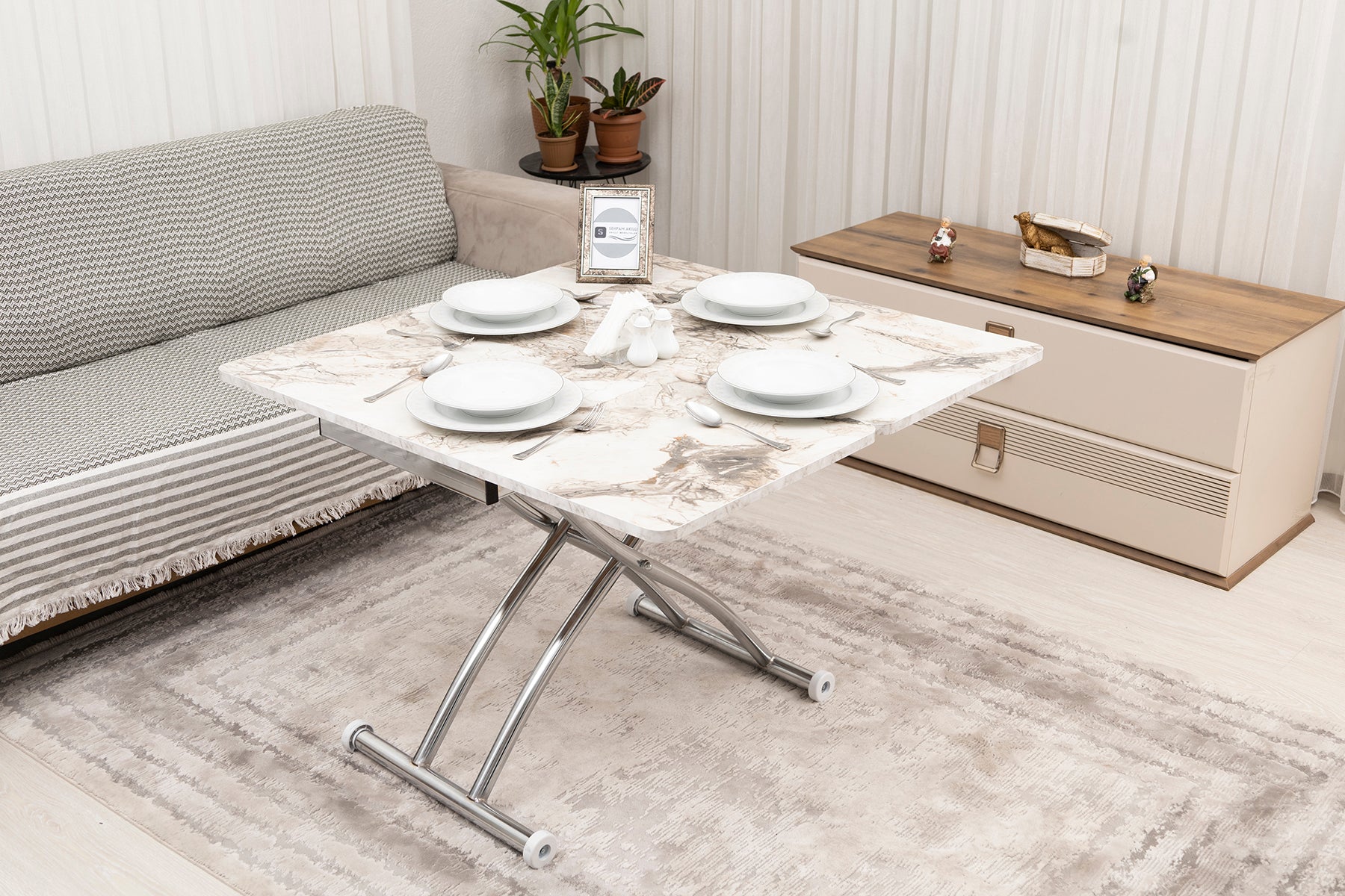 Mini Juppo Smart Coffee Table – White Marble MDF Top & Chrome-Plated Outwardly Curved Leg