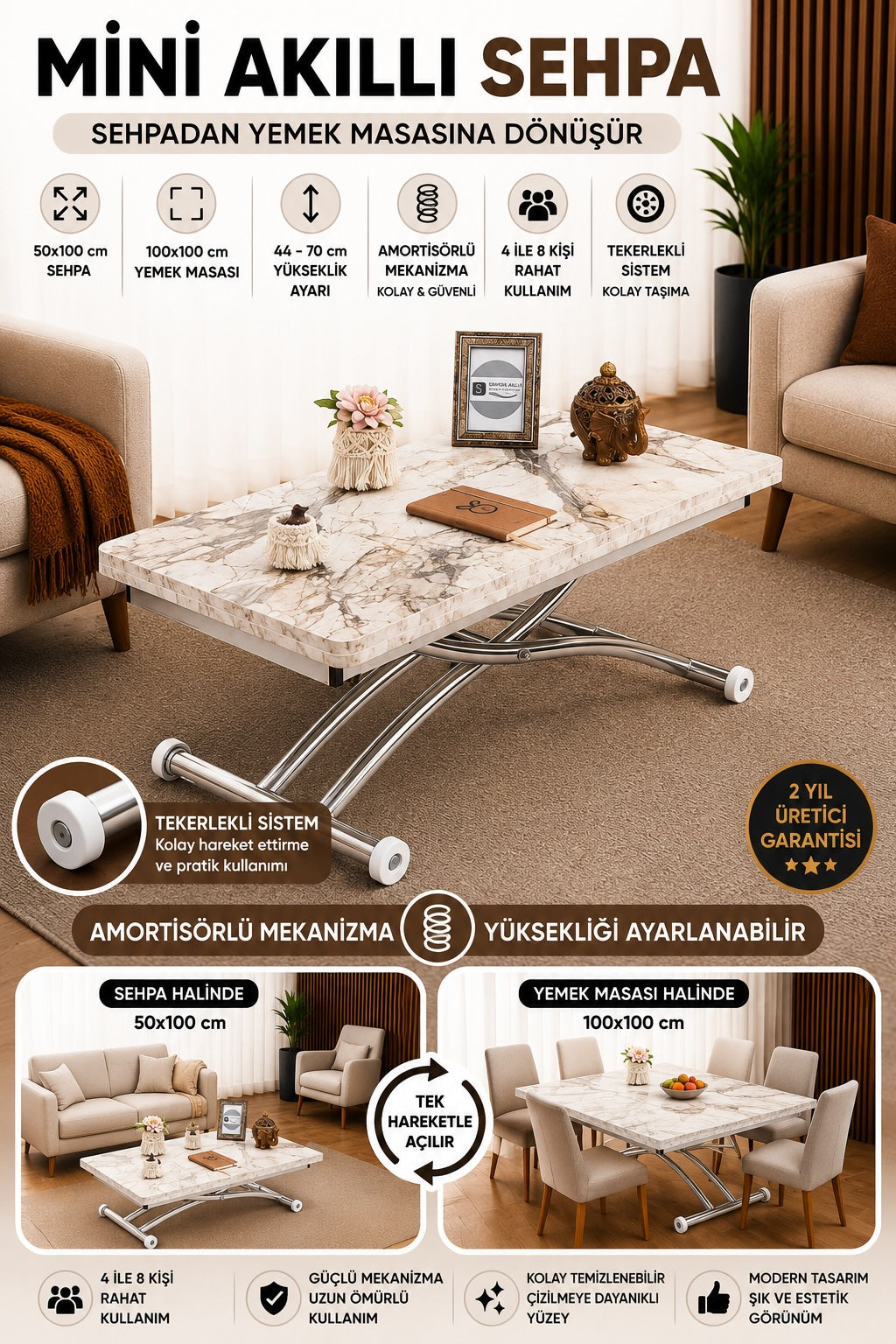 Mini Juppo Smart Coffee Table – White Marble MDF Top & Chrome-Plated Outwardly Curved Leg