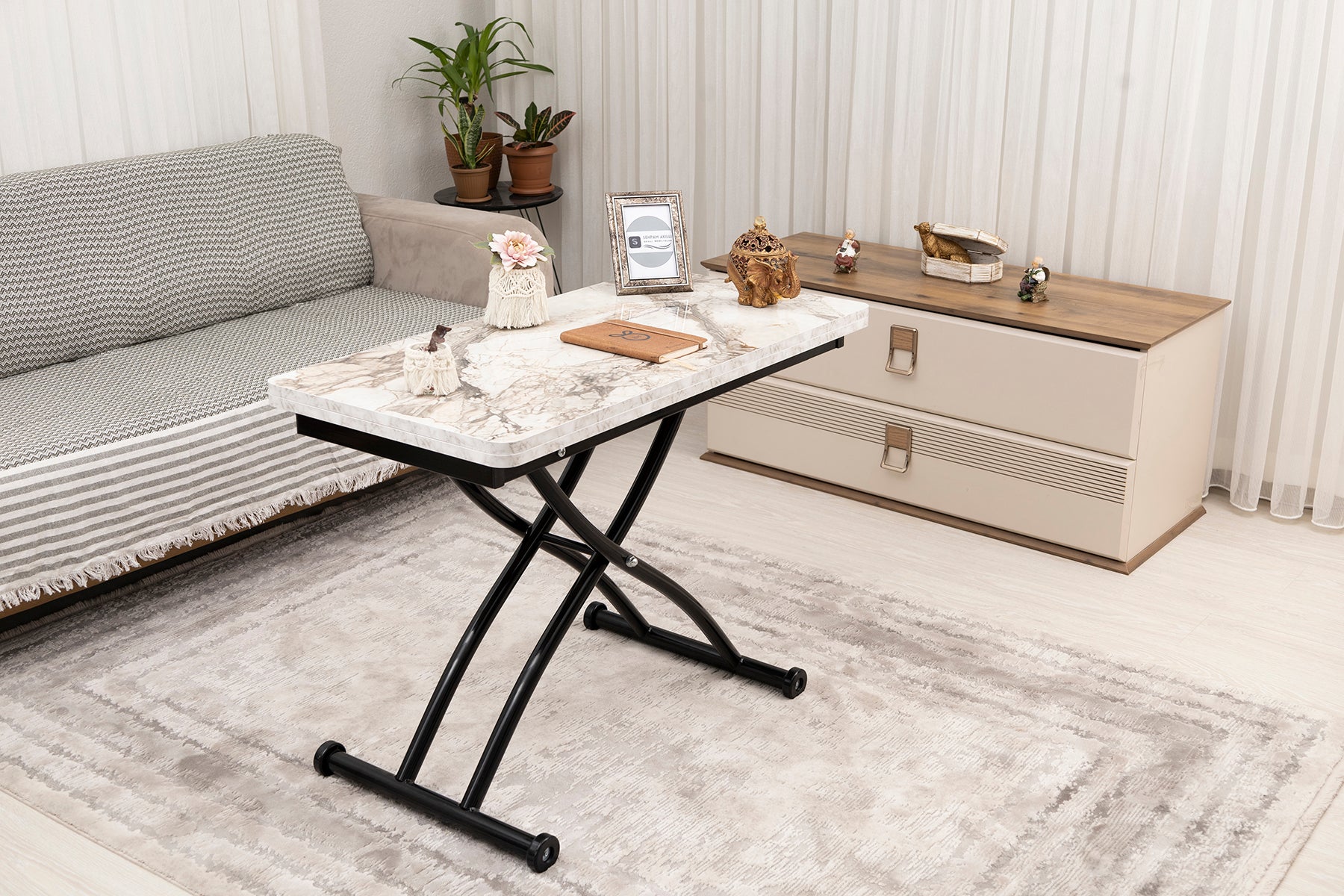 Mini Juppo Smart Coffee Table – White Marble MDF Top & Black Outward Curved Metal Leg