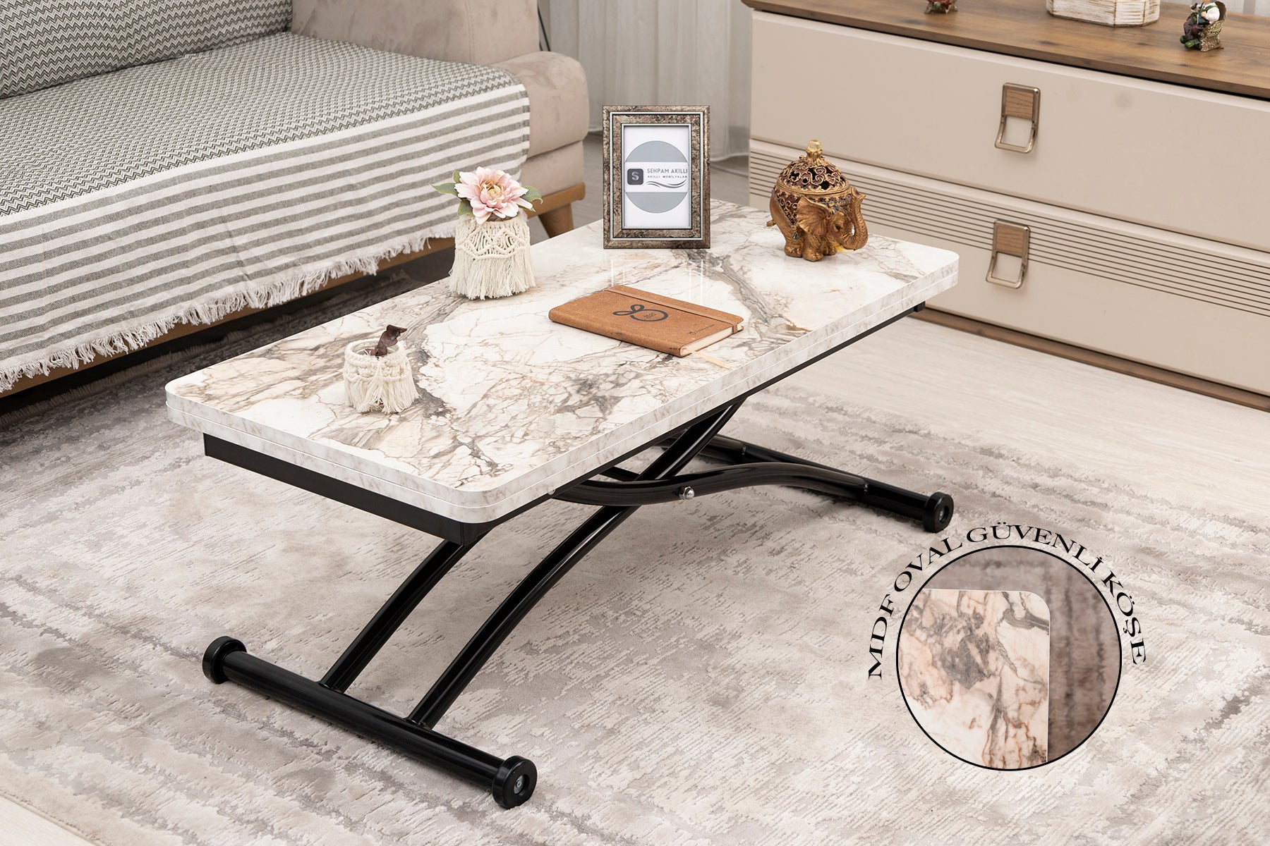 Mini Juppo Smart Coffee Table – White Marble MDF Top & Black Outward Curved Metal Leg