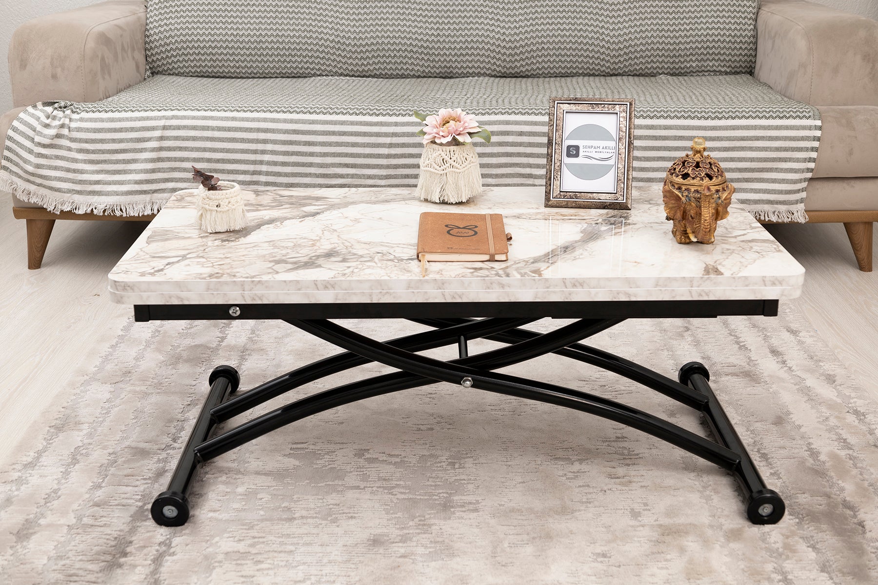 Mini Juppo Smart Coffee Table – White Marble MDF Top & Black Outward Curved Metal Leg