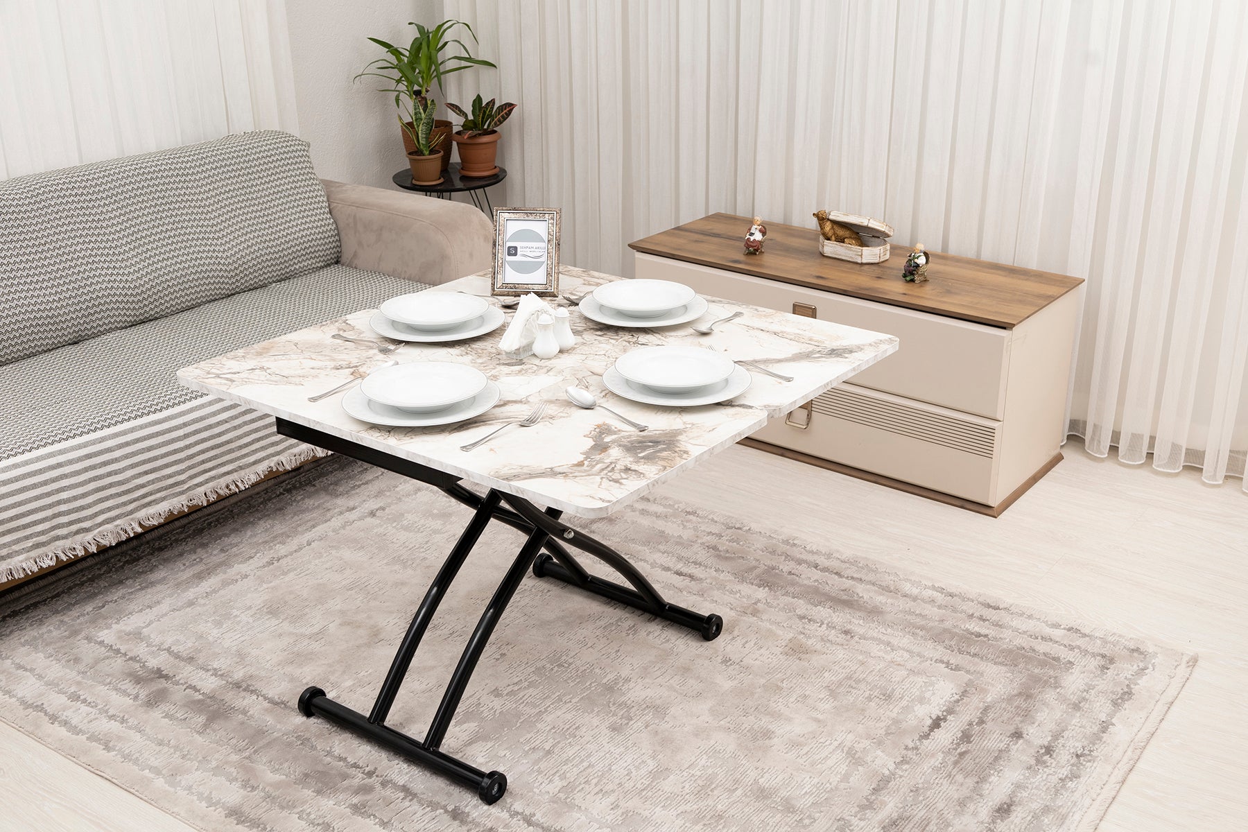 Mini Juppo Smart Coffee Table – White Marble MDF Top & Black Outward Curved Metal Leg