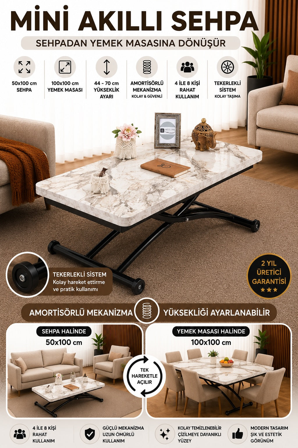 Mini Juppo Smart Coffee Table – White Marble MDF Top & Black Outward Curved Metal Leg