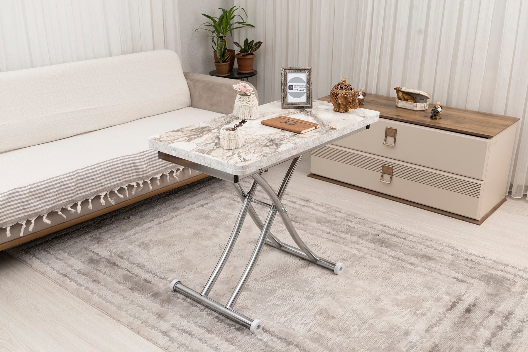Mini Juppo Smart Coffee Table – White Marble MDF Top & Chrome Plated Metal Legs