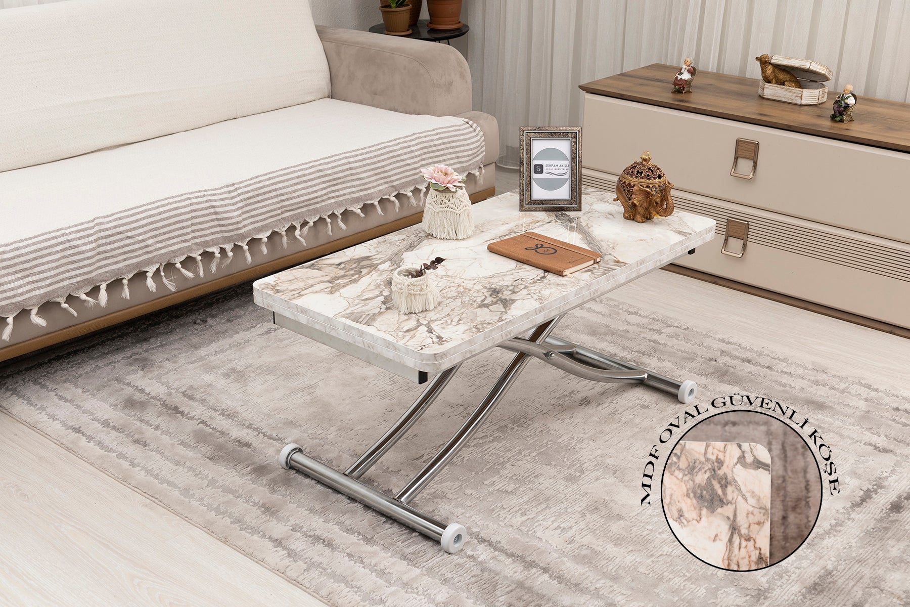 Mini Juppo Smart Coffee Table – White Marble MDF Top & Chrome Plated Metal Legs