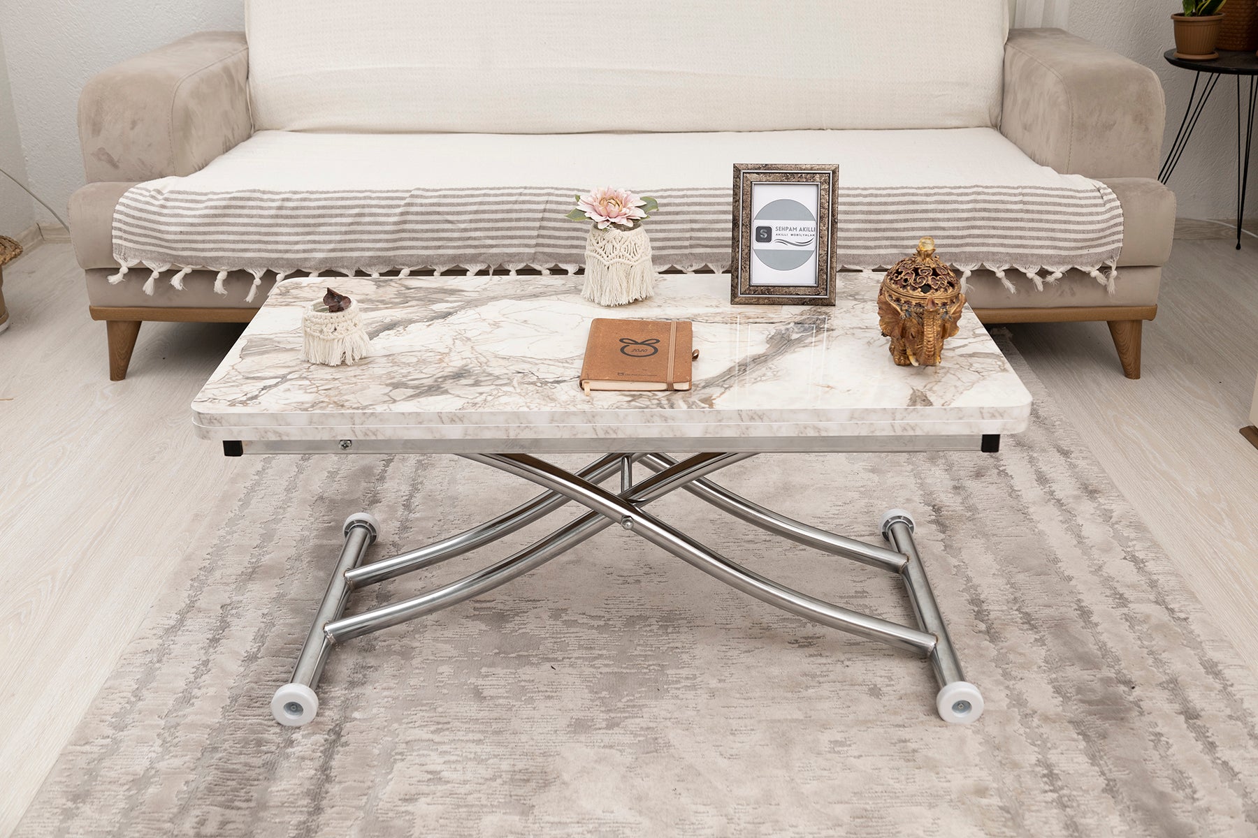 Mini Juppo Smart Coffee Table – White Marble MDF Top & Chrome Plated Metal Legs