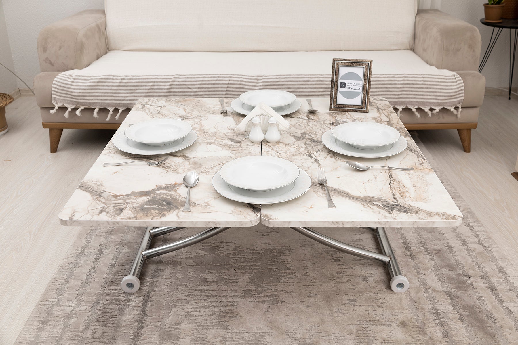 Mini Juppo Smart Coffee Table – White Marble MDF Top & Chrome Plated Metal Legs