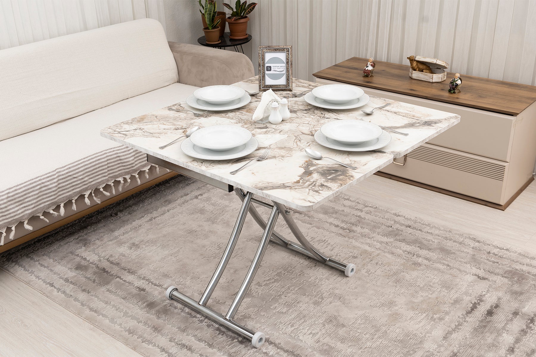 Mini Juppo Smart Coffee Table – White Marble MDF Top & Chrome Plated Metal Legs