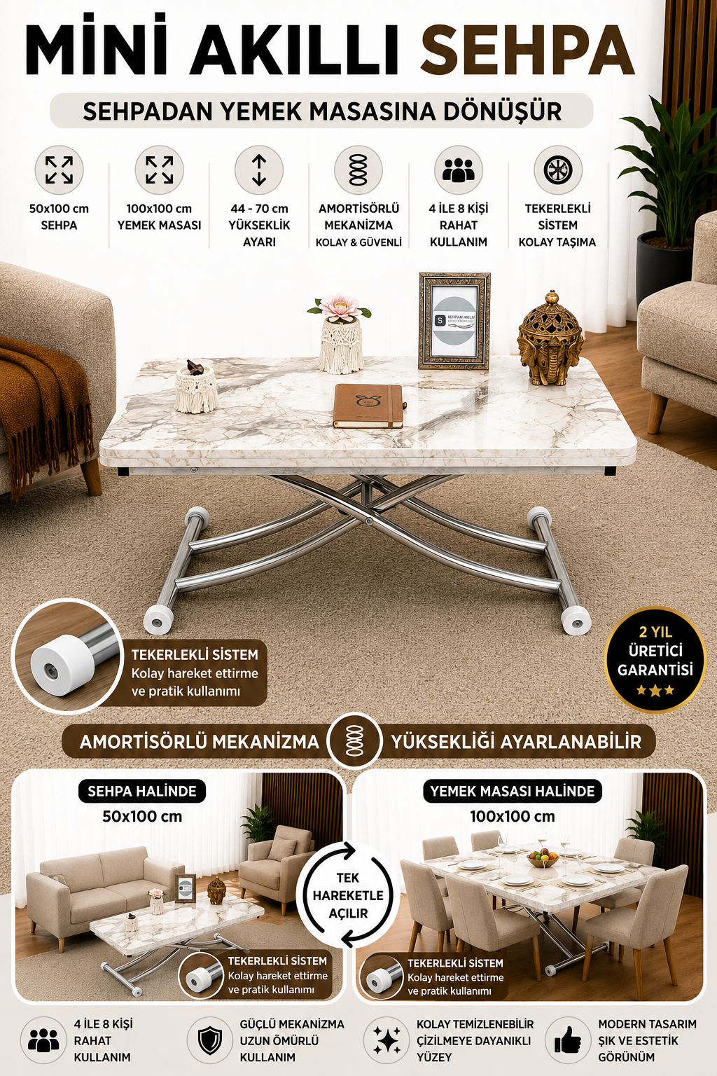 Mini Juppo Smart Coffee Table – White Marble MDF Top & Chrome Plated Metal Legs