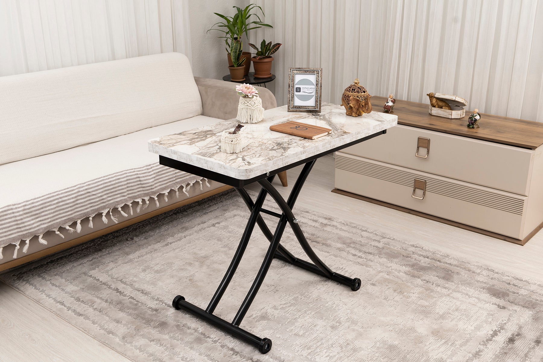 Mini Juppo Smart Coffee Table – White Marble MDF Top & Black Metal Legs