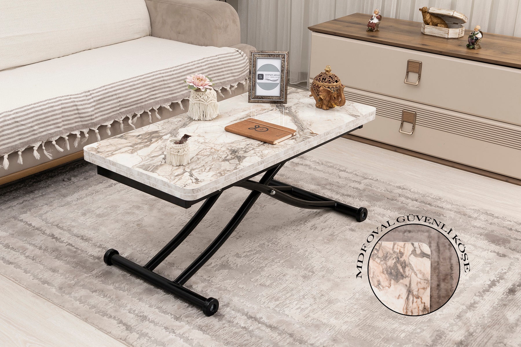 Mini Juppo Smart Coffee Table – White Marble MDF Top & Black Metal Legs