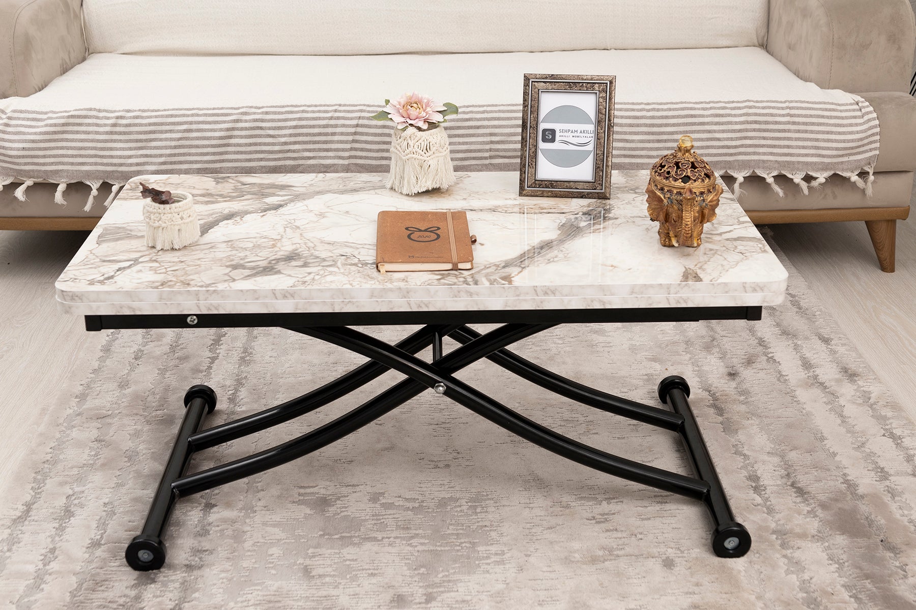 Mini Juppo Smart Coffee Table – White Marble MDF Top & Black Metal Legs