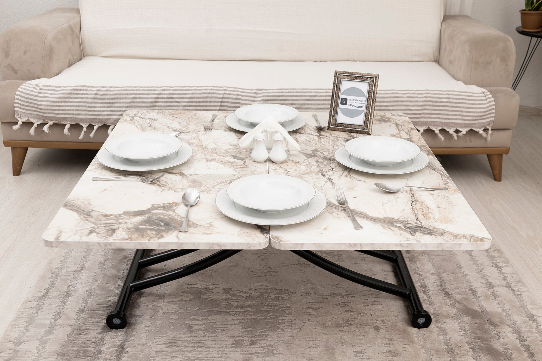 Mini Juppo Smart Coffee Table – White Marble MDF Top & Black Metal Legs