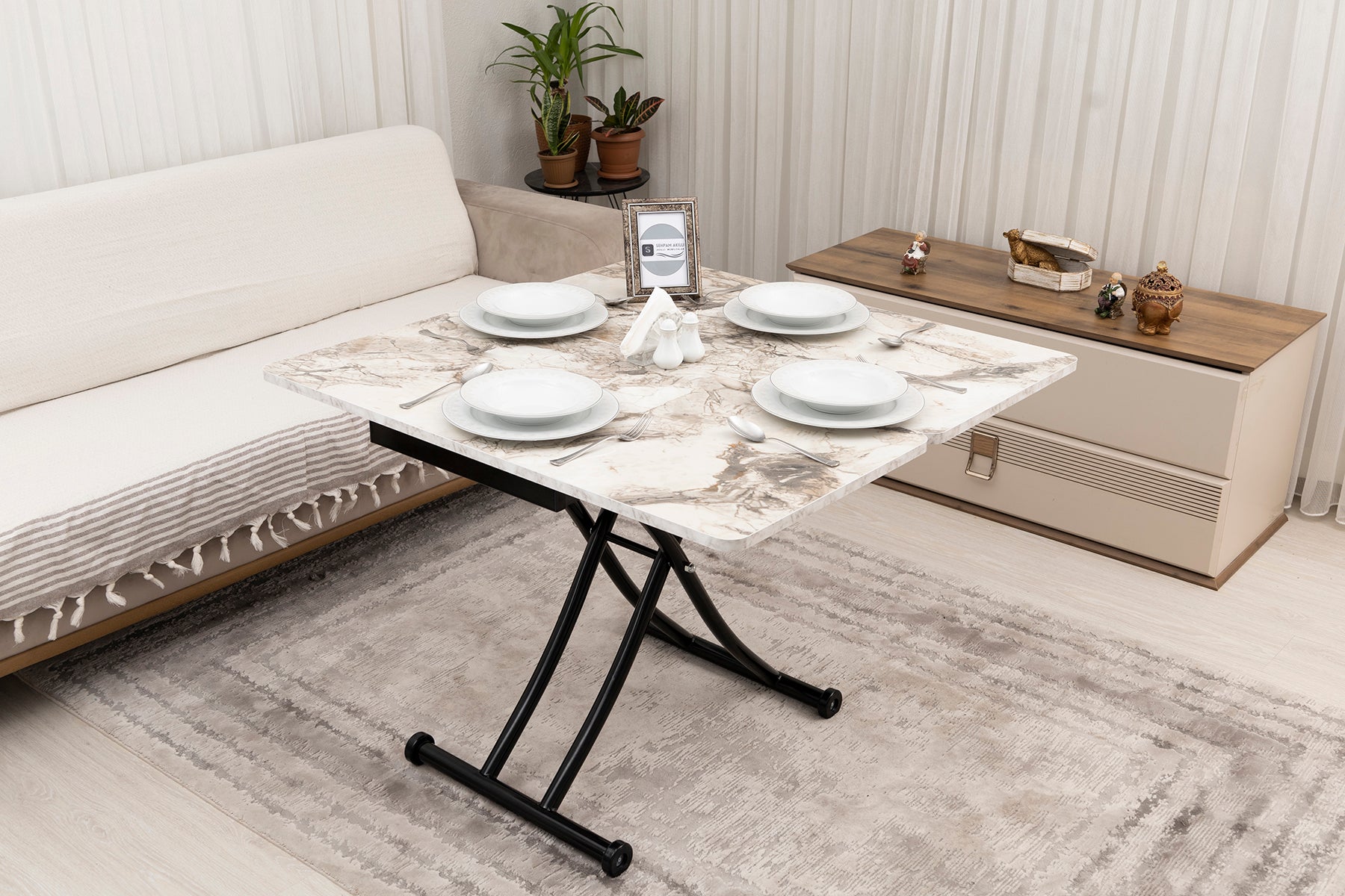 Mini Juppo Smart Coffee Table – White Marble MDF Top & Black Metal Legs