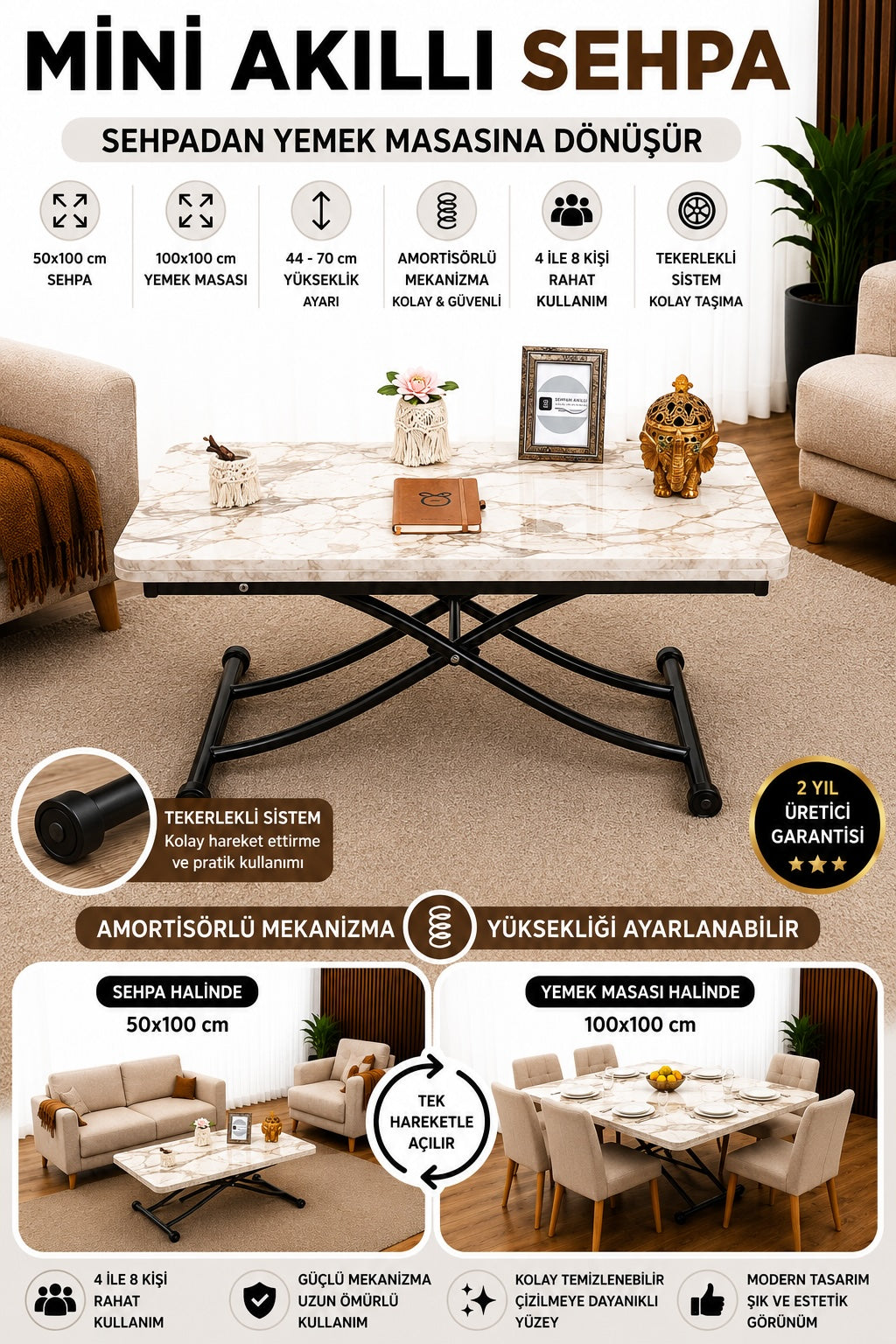 Mini Juppo Smart Coffee Table – White Marble MDF Top & Black Metal Legs